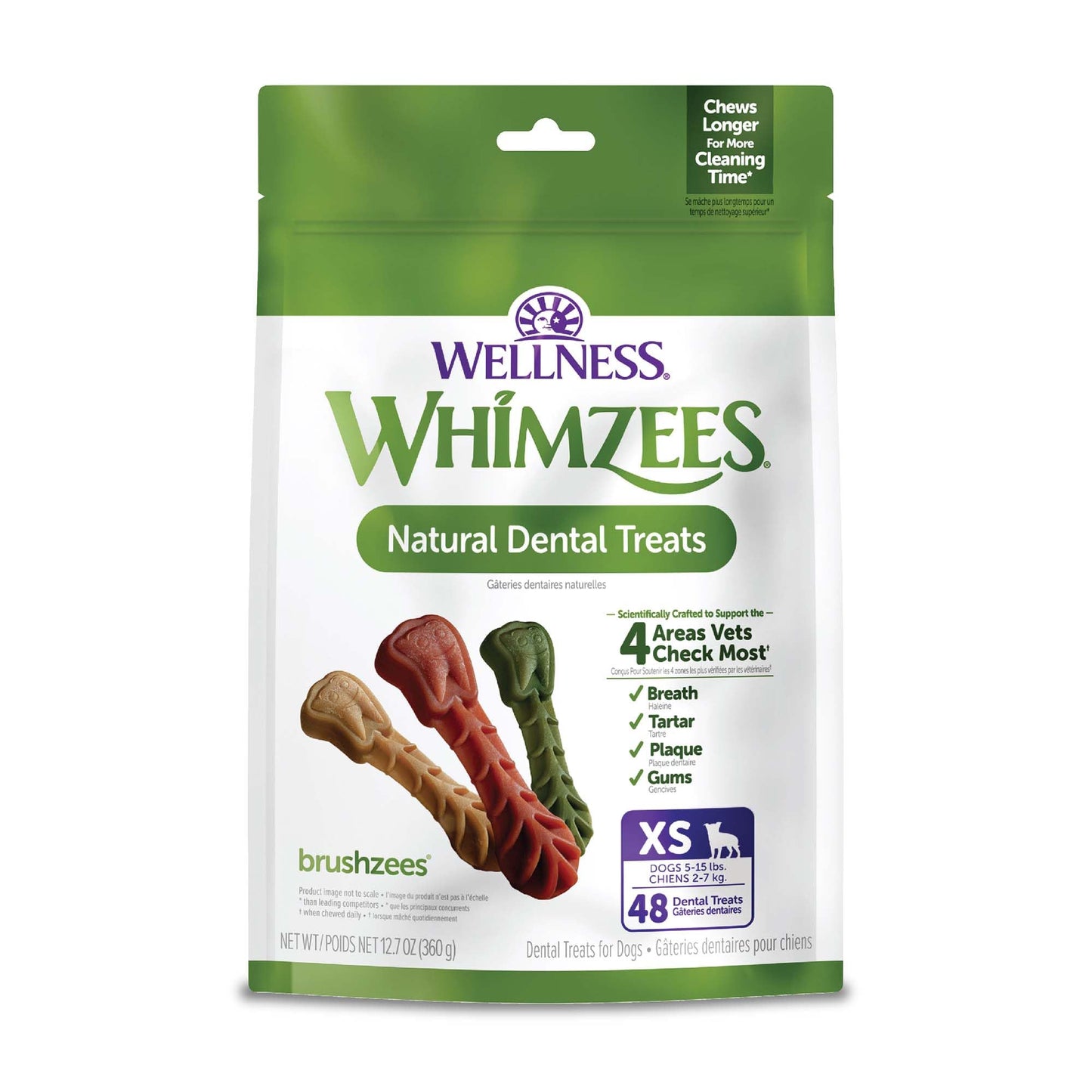 Wellness WHIMZEES Brushzees Dog Dental Treats, Natural Chews, Extra Small Size Stick, (48 Count)