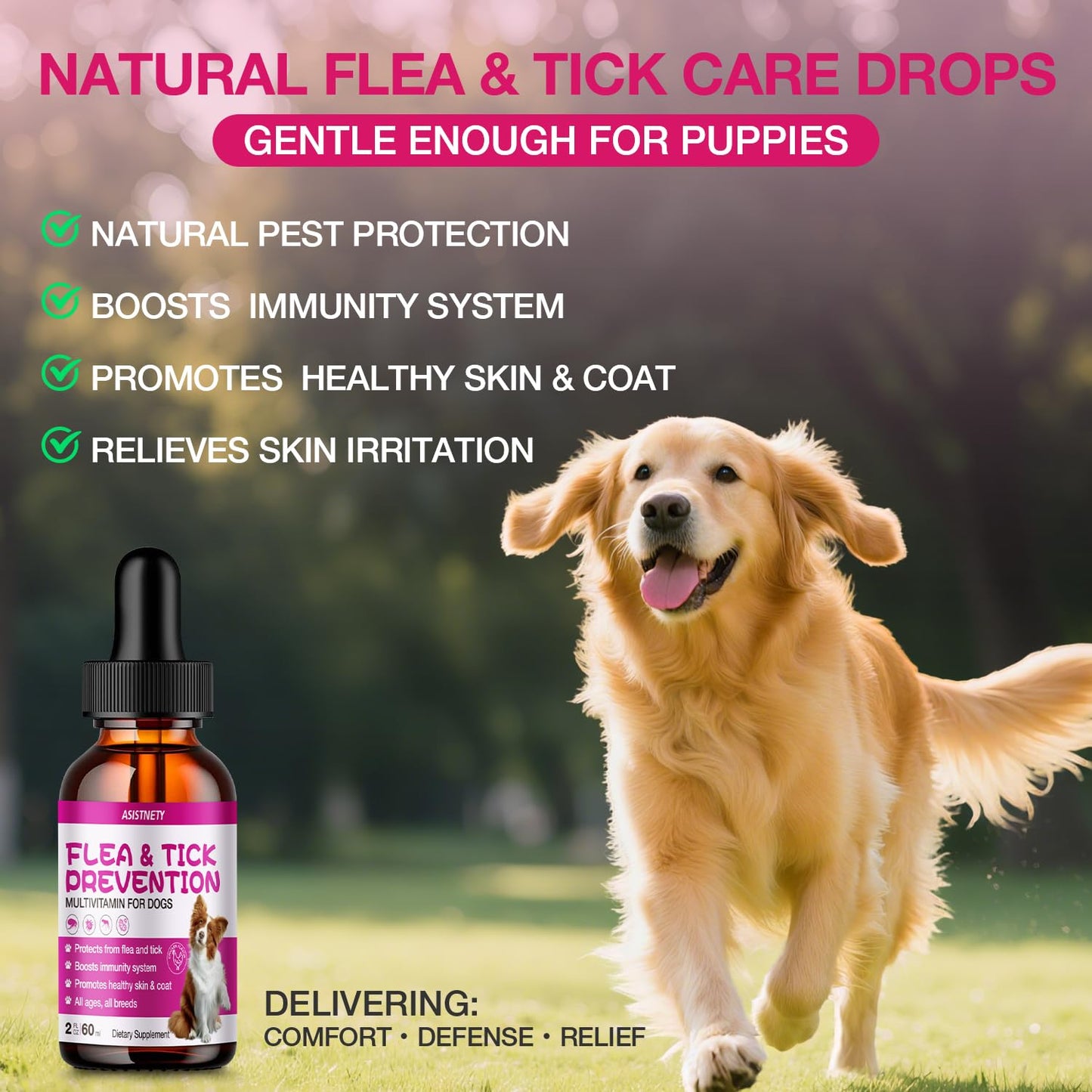 ASISTNETY Flea & Tick Support for Dogs, Natural Dog Flea Liquid Drops, Flea & Tick Supplement with Vitamins & Fish Oil for Dogs