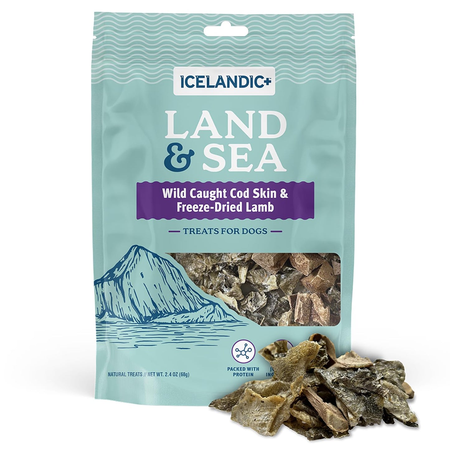 Icelandic+ Land & Sea Wild Caught Cod Skin & Freeze-Dried Lamb - 2.4oz Bag, Dog Treat & Food Topper, 2 Ingredients, No Preservatives, All Natural