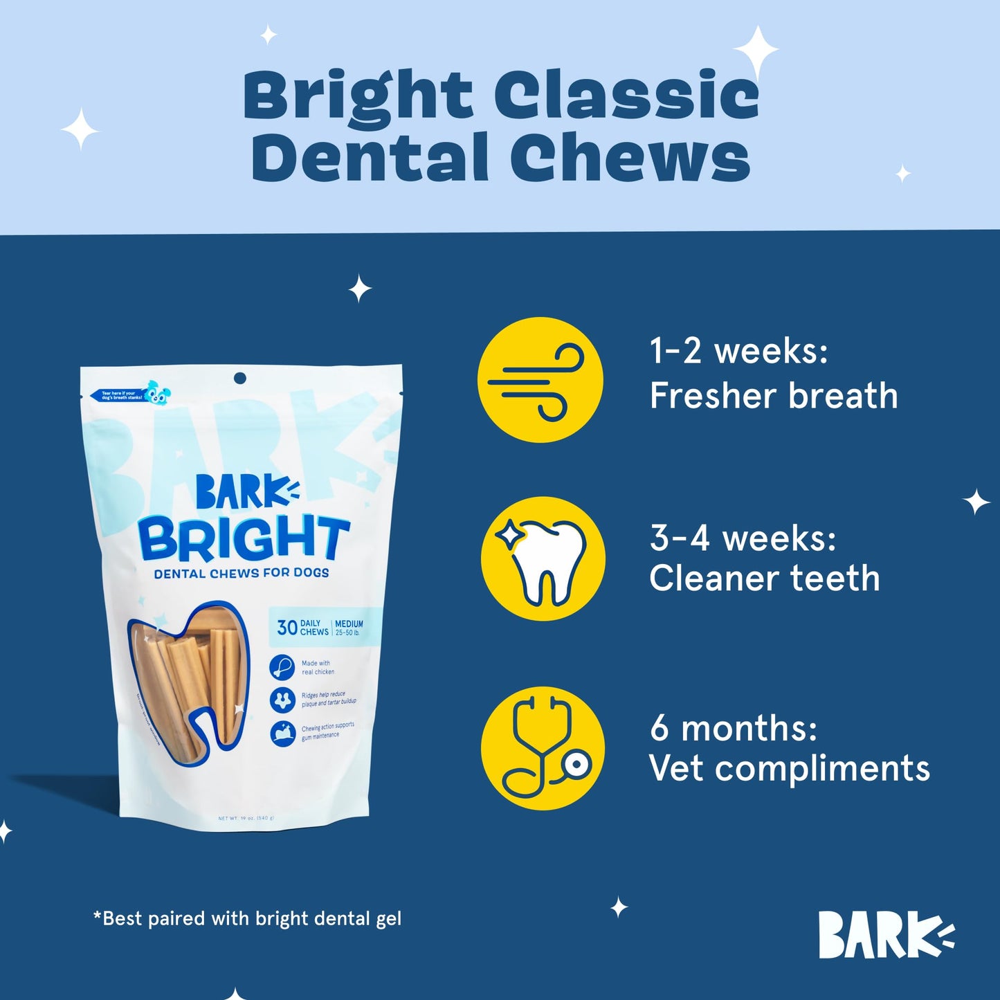 Barkbox Bright Original Dog Dental Chew Sticks Plaque and Tartar Cleaning, Medium Breeds (30 Chews)