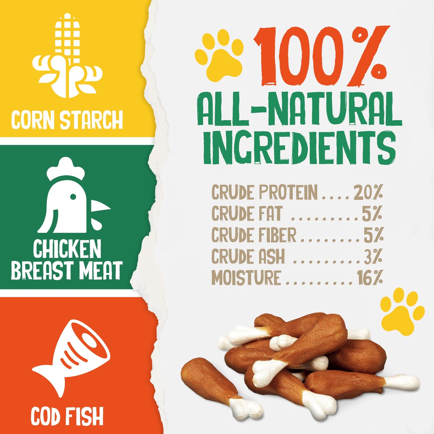 Dog Treats, Rawhide Free, Chewy Cooked Chicken Calcium Bone, Training Treats, Wrapped Drumsticks, Small Medium, Large Dogs.