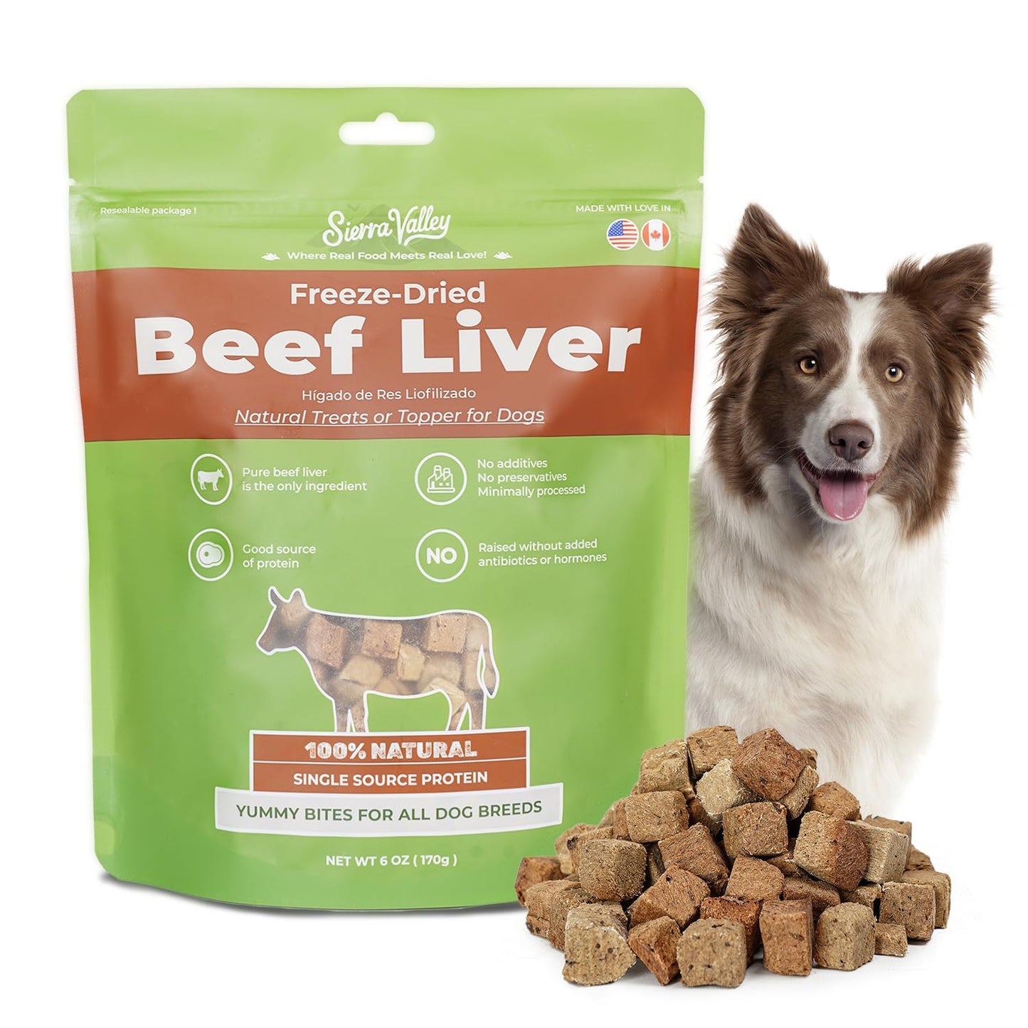 SIERRA VALLEY Freeze-Dried Beef Liver Dog Treats, High Iron Human-Grade Protein Bites, 2cm Chewy Cubes for Training Rewards, No Additives Grain-Free, Resealable Freshness Pouch 6oz