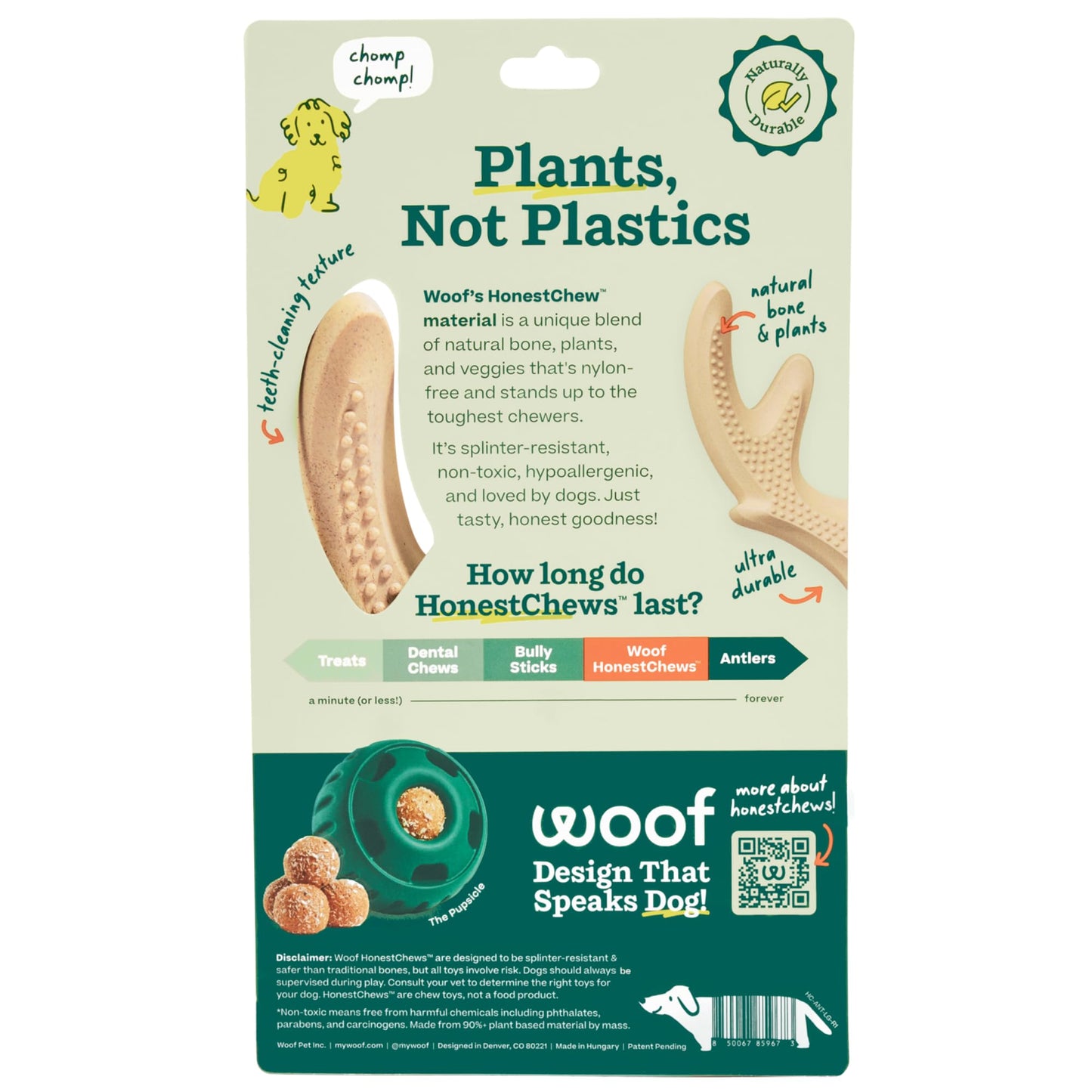 WOOF HonestChew Dog Toy Antler - Durable Dog Chews - Made with Natural, Plant-Based Ingredients - Splinter-Resistant - Great for German Shepherds and Pit Bulls - Large