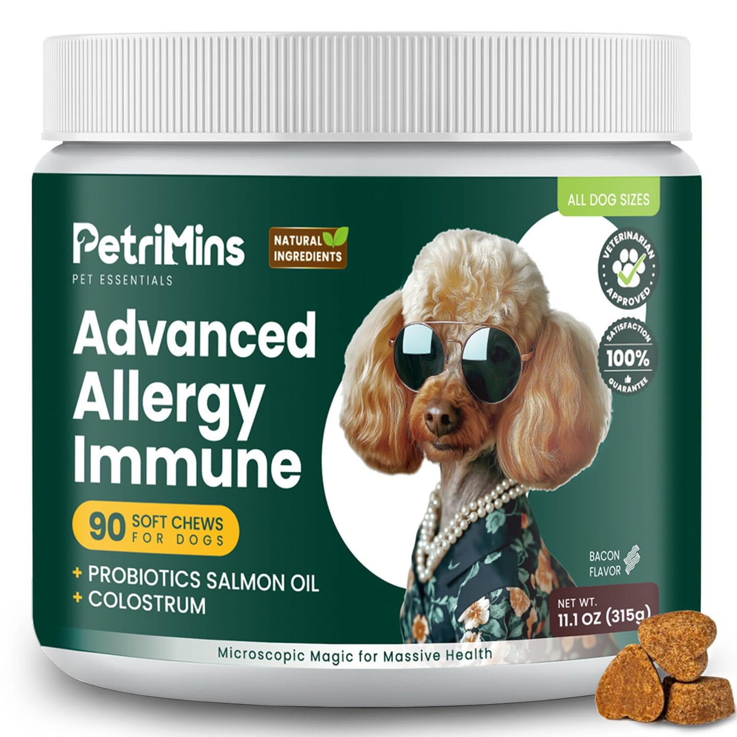 PetriMins Advanced Allergy Immune Itch Relief for Dogs, Itching Skin Relief & Seasonal Allergies Support with Dog Probiotics, Astragalus Root & Mushroom, Colostrum, Turmeric, Salmon Oil - 90ct, Bacon