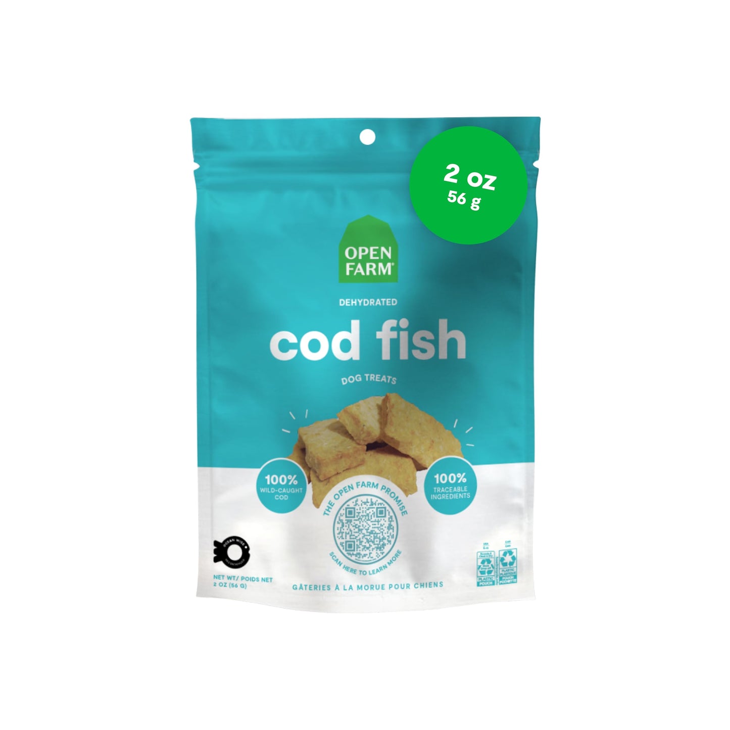 Open Farm, Dehydrated Dog Treats, High Protein & Low Carbohydrate Dog Snacks, Crunchy Texture, Single Ingredient Wild-Caught Cod Fish Recipe, 2oz Pouch