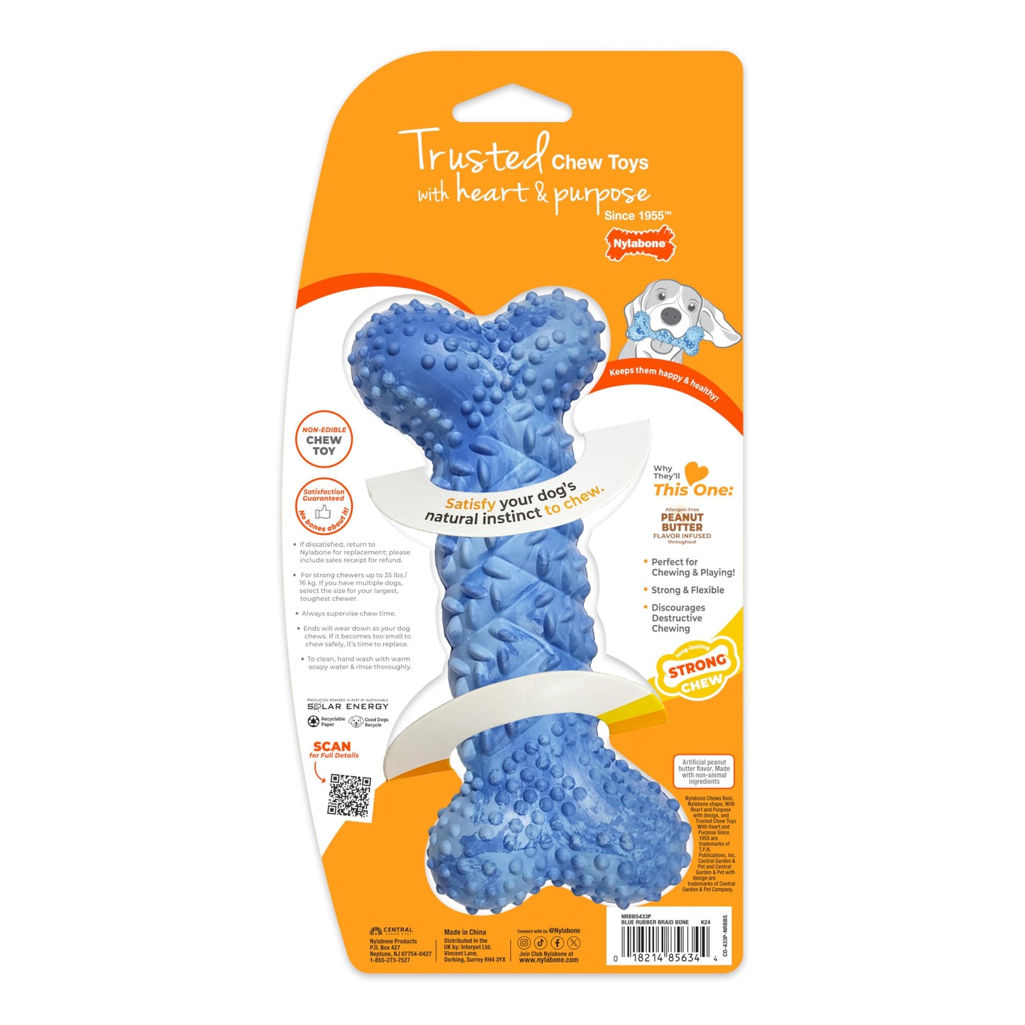 Nylabone Braid Bone Strong Chew Toy for Dogs, Natural Rubber Dog Toy for Moderate & Aggressive Chewers, Peanut Butter Flavor, Medium Dogs - Up to 35 lbs, 1 Count