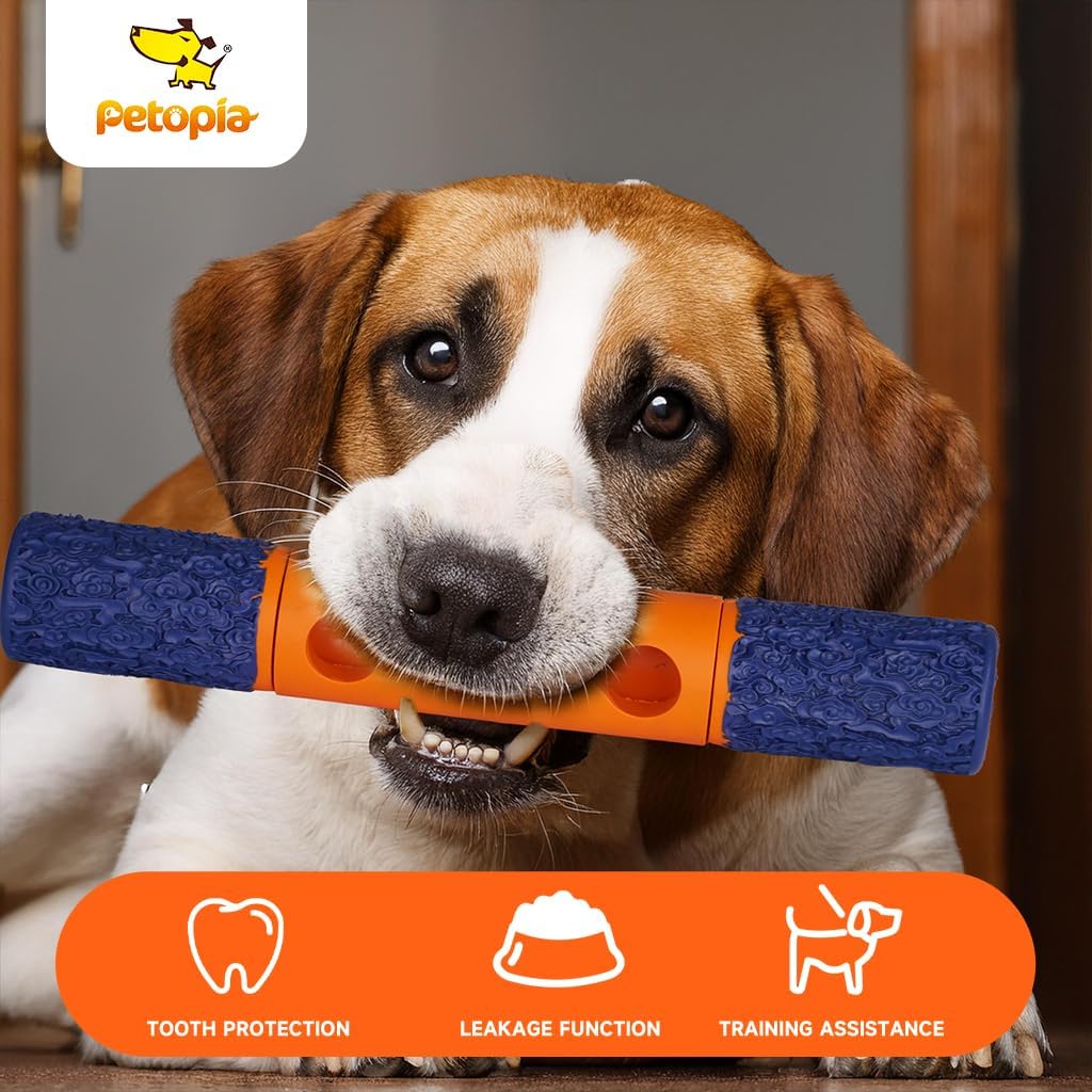 PETOPIA Stick Interactive Dog Toy 9” in Outdoor Dog Toy for Aggressive Chewers Tough Natural Rubber Chew Toys (Blue&Orange)