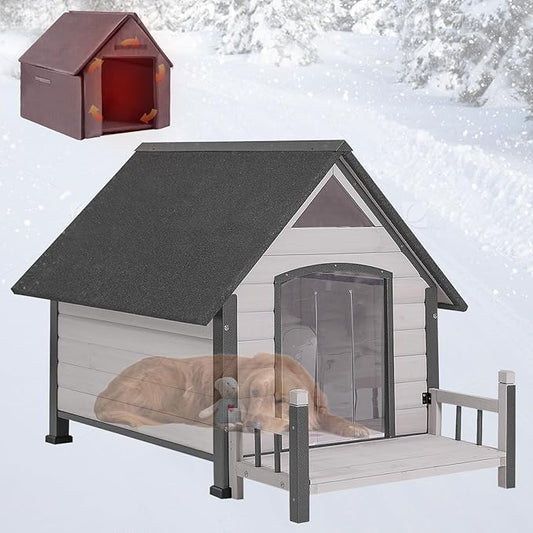 Dog House Outdoor, Insulated Dog Kennel Outside for Large Breed, 50.87" L Weatherproof Large Dog Shelter with Anti-Chewing Iron Frame (White, 45" D x 32.9" W x 32.6" H)