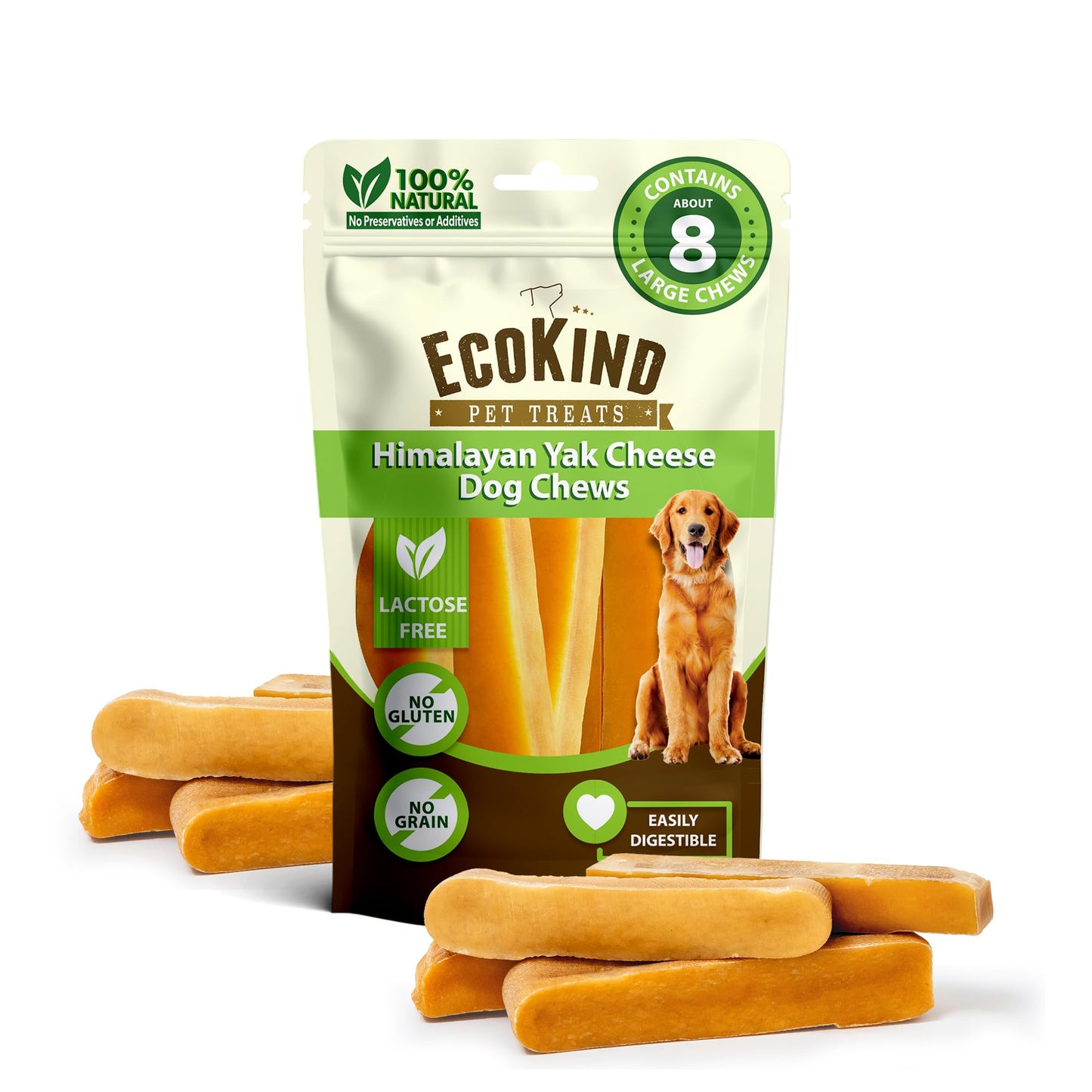 EcoKind Premium Gold Yak Cheese Himalayan Dog Chews, Dog Treats Large Breed, All Natural, High Protein, for Aggressive Chewers, Large - 8+ Chews (2 lb)