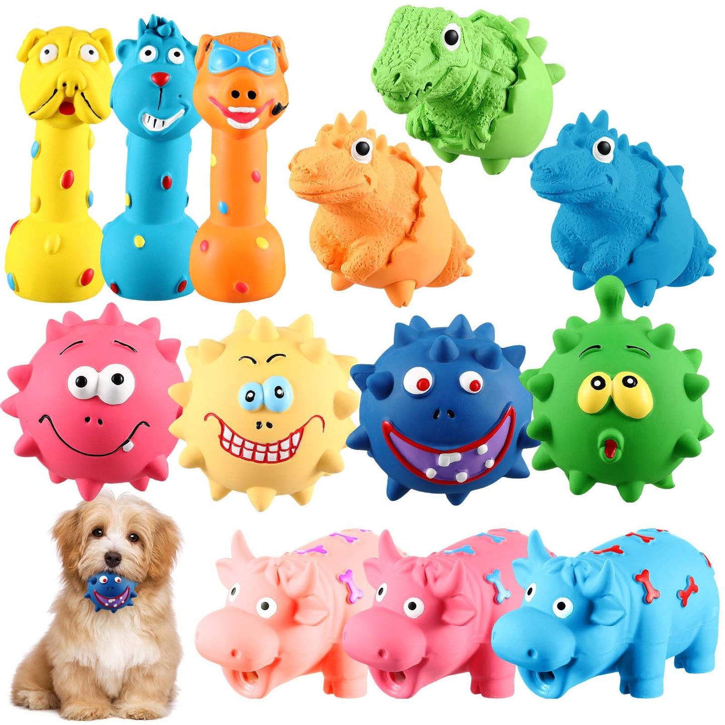 RoundFunny 13 Pcs Squeaky Latex Dog Toys, Grunting Puppy Chew Rubber Animals Toys That Oinks Grunts for Small Medium Large Dogs,Colorful Funny Fetch Cute Interactive Play Supplies for Biting Chasing