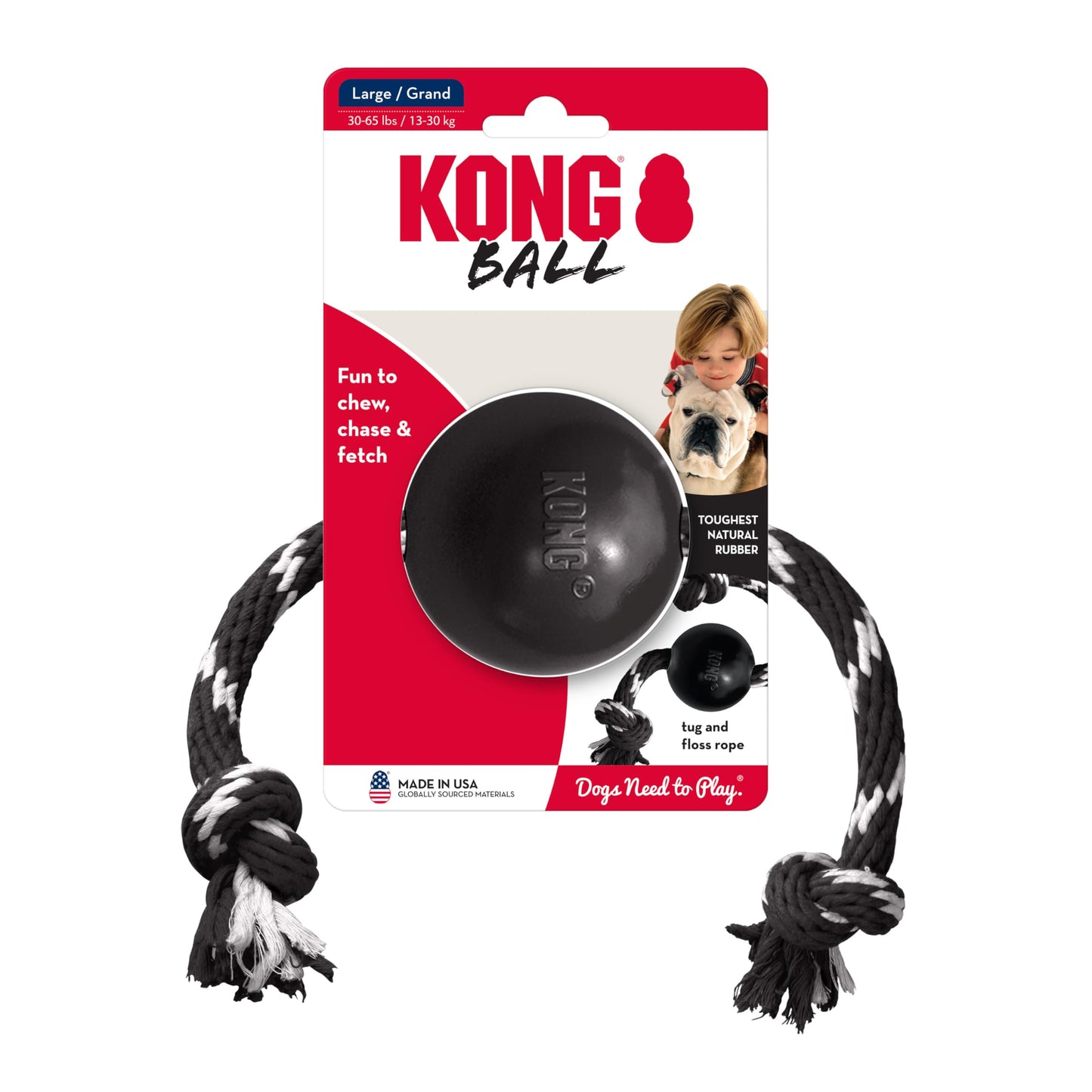 KONG Extreme Ball with Rope - Dog Fetch Toy with Rope for Easy Throwing - Durable Dog Ball Toy for Tug, Playtime & More s Most Durable Natural Rubber - Black - for Large Dogs