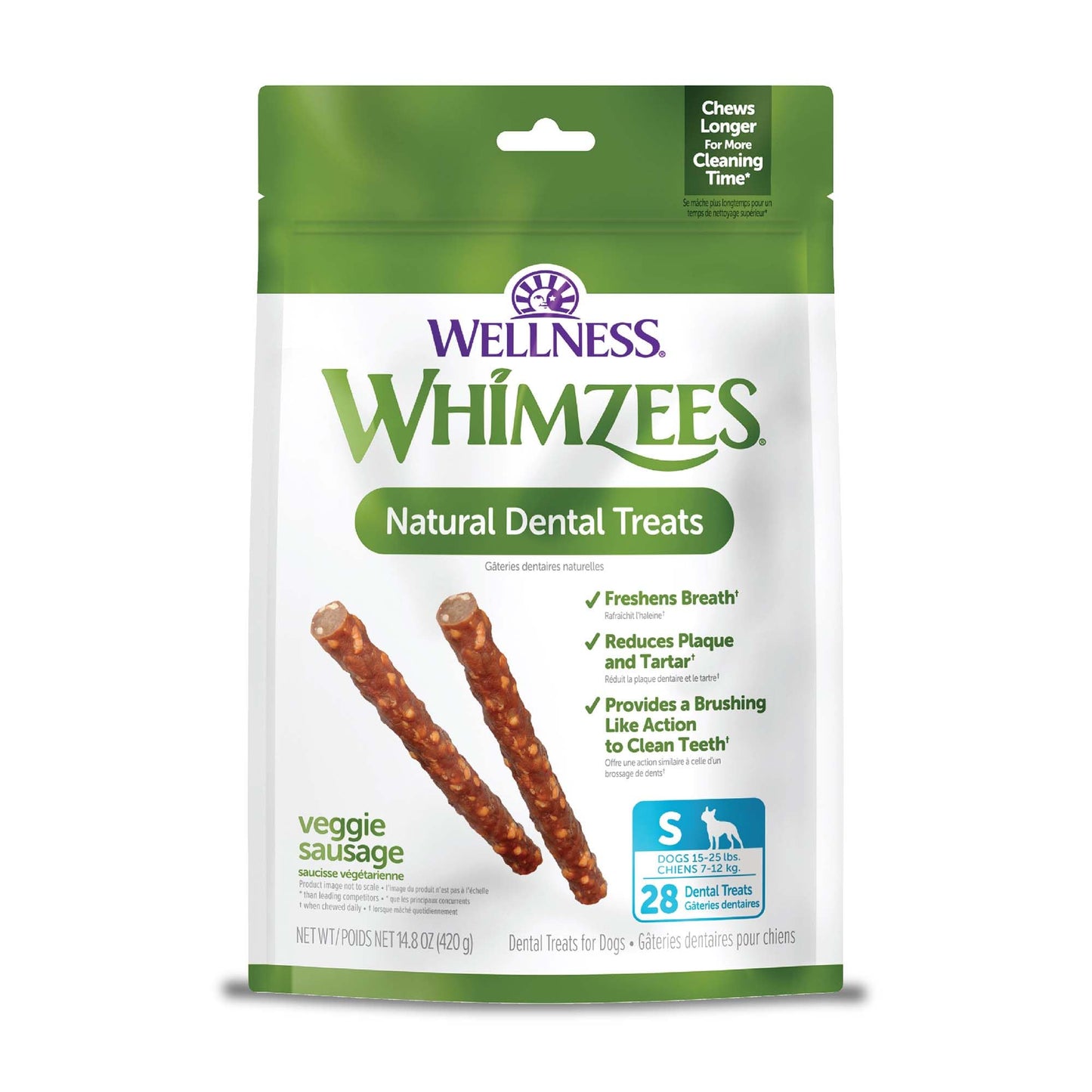Wellness WHIMZEES Veggie Sausage Dog Dental Treats, Natural Chews, Small Size Stick, (28 Count)