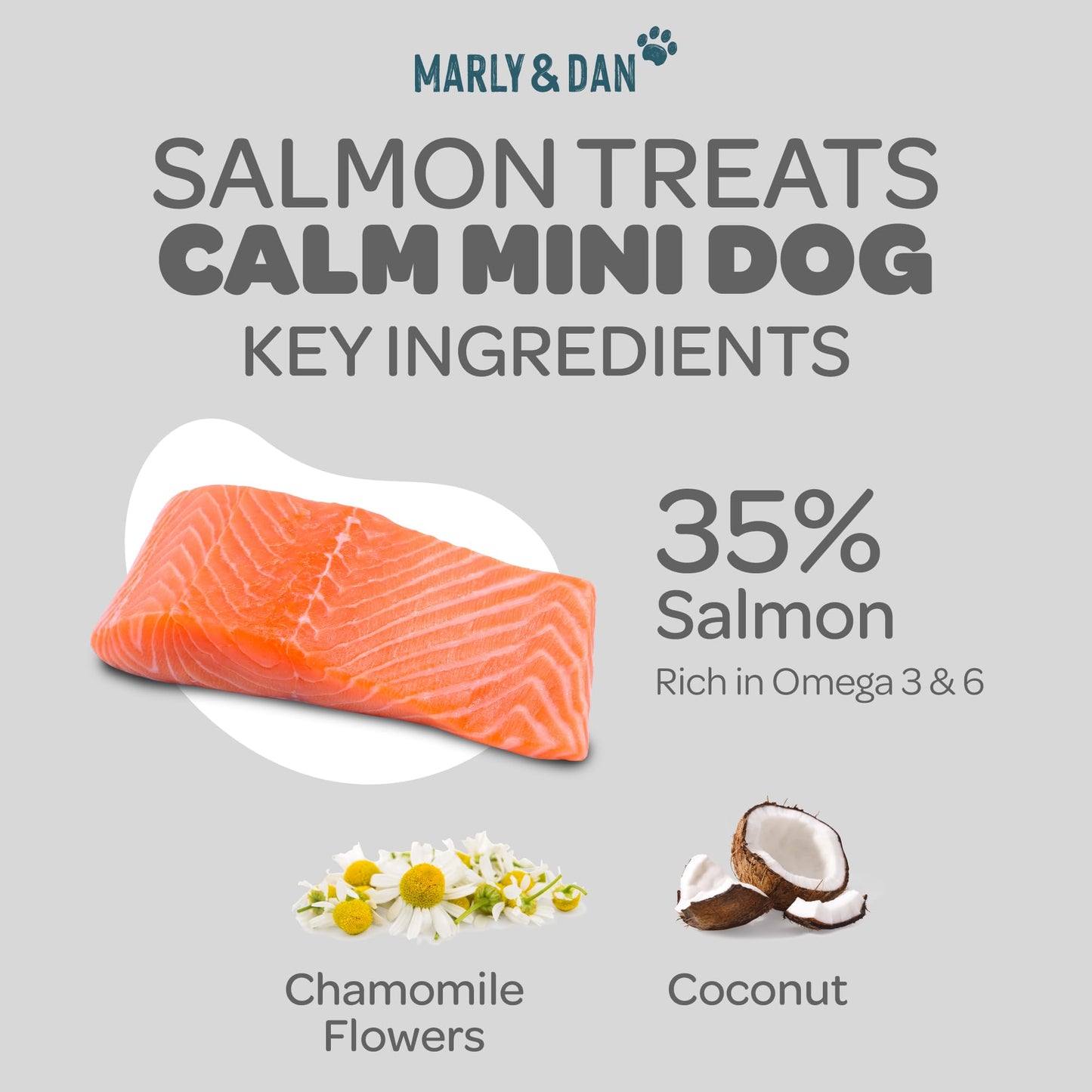Marly & Dan Small Breed Calming Dog Treats for Small Dogs, Functional Mini Dog Treats Made in France with Salmon, Chamomile, and Sweet Potato for Anxiety, Stress, & Relaxation, 3.5 oz Bag