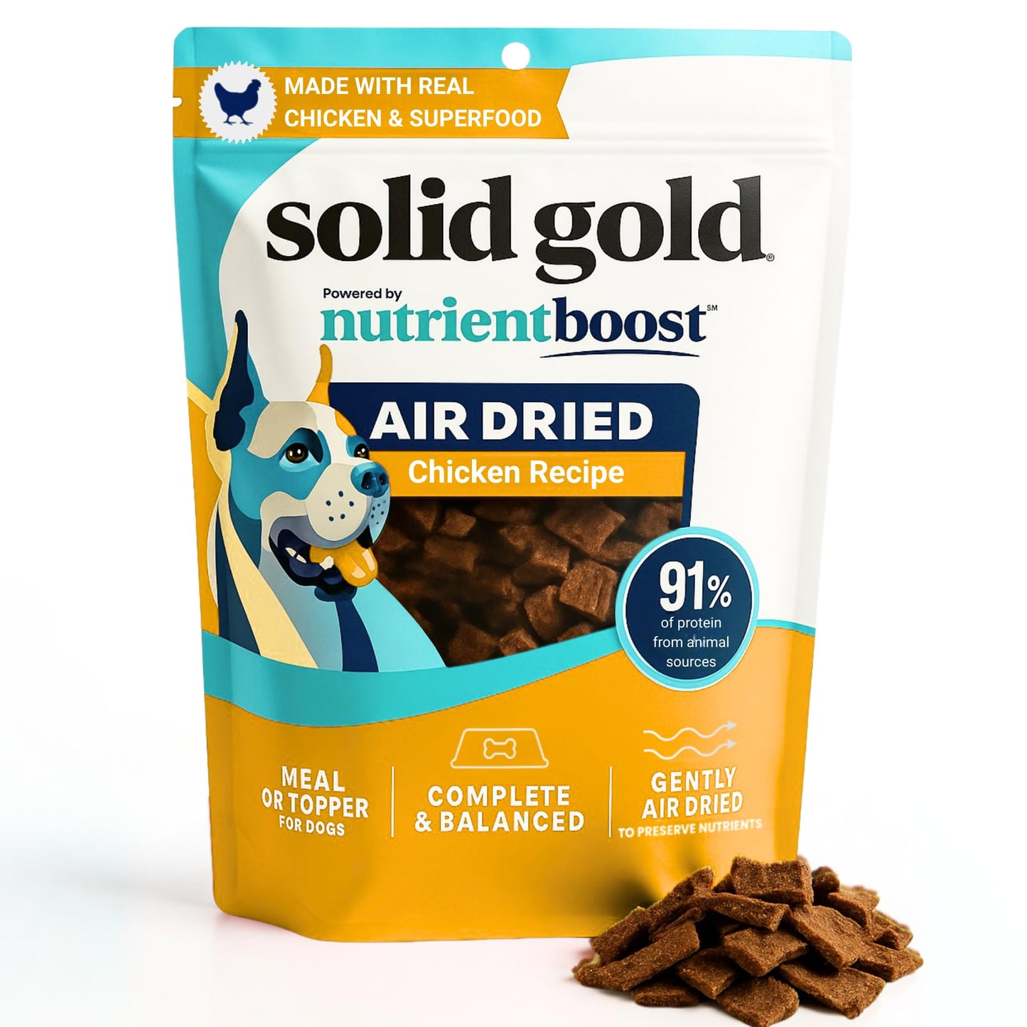 Solid Gold Air Dried Dog Food Toppers for Dry Food - Healthy Dog Treats w/Real Chicken & Superfoods - Serve as a Complete Meal, Topper or Treats - Supports Muscle Growth, Immunity & Digestion - 1lb