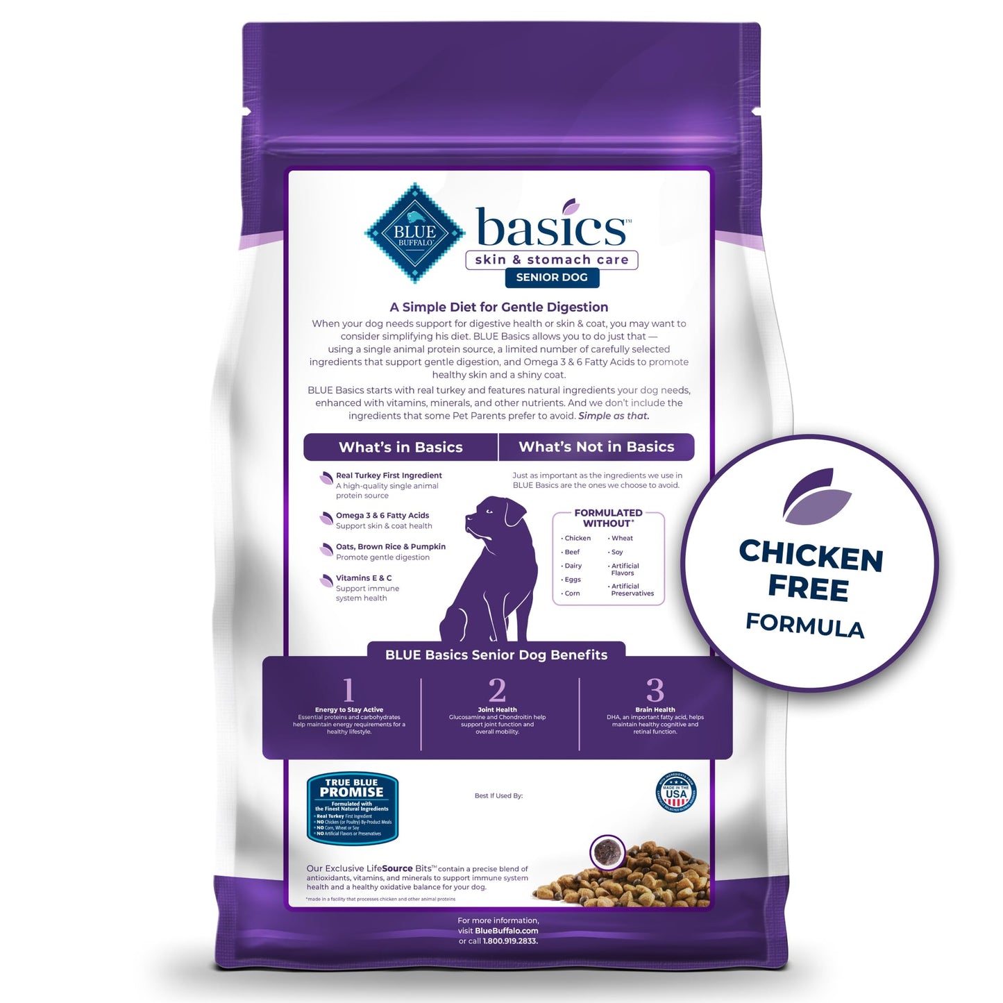 Blue Buffalo Basics Grain-Free Senior Dry Dog Food, Skin & Stomach Care, Limited Ingredient Diet, Turkey Recipe, 4-lb. Bag