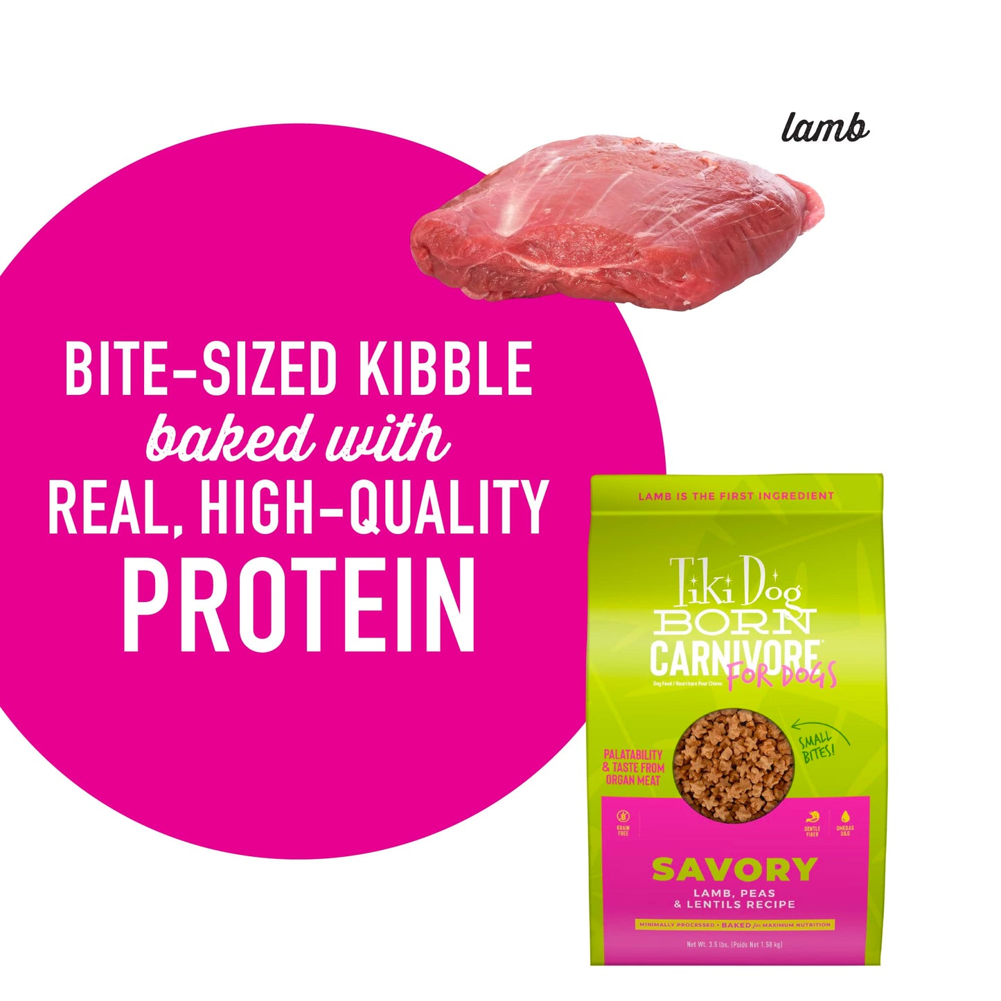 Tiki Dog Born Carnivore for Dogs, Savory Lamb, Peas & Lentils Recipe, Grain Free Baked Kibble for Maximum Nutrition, For Adult Dogs and All Size Breed Dogs, 3.5 lbs. Bag