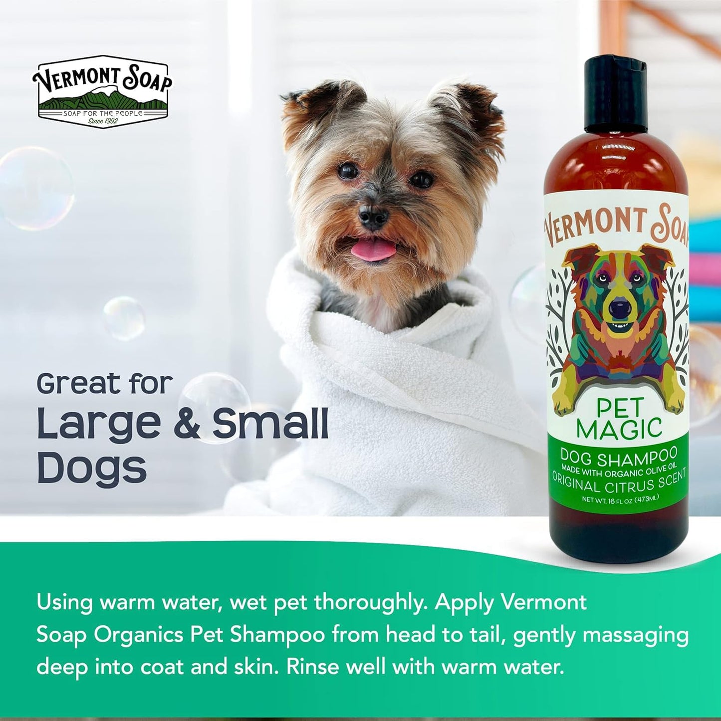 Vermont SOAP Organics Pet Shampoo - Infused with Organic & Natural Olive Oil, Coconut & Aloe Vera Dog Shampoo for Sensitive Skin - USDA Certified Grooming Pet Shampoo - Original Citrus (16oz)