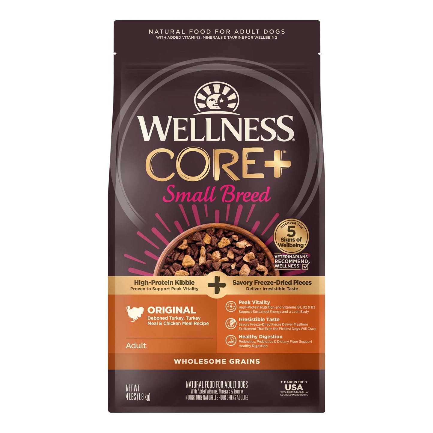 Wellness CORE+ (Formerly RawRev) Grained Dry Dog Food, Small Breed Original Turkey & Chicken with Freeze Dried Turkey Recipe, 4 Pound Bag