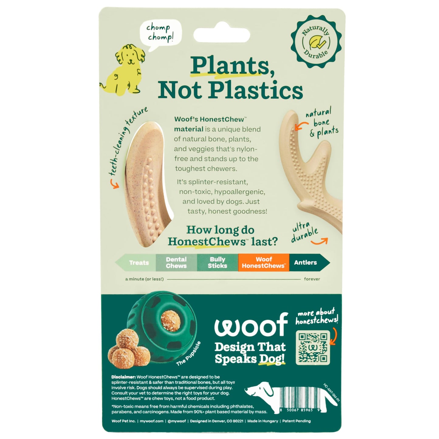 WOOF HonestChew Dog Toy Antler - Durable Dog Chews - Made with Natural, Plant-Based Ingredients - Splinter-Resistant - Safer Than Dog Bones - Small
