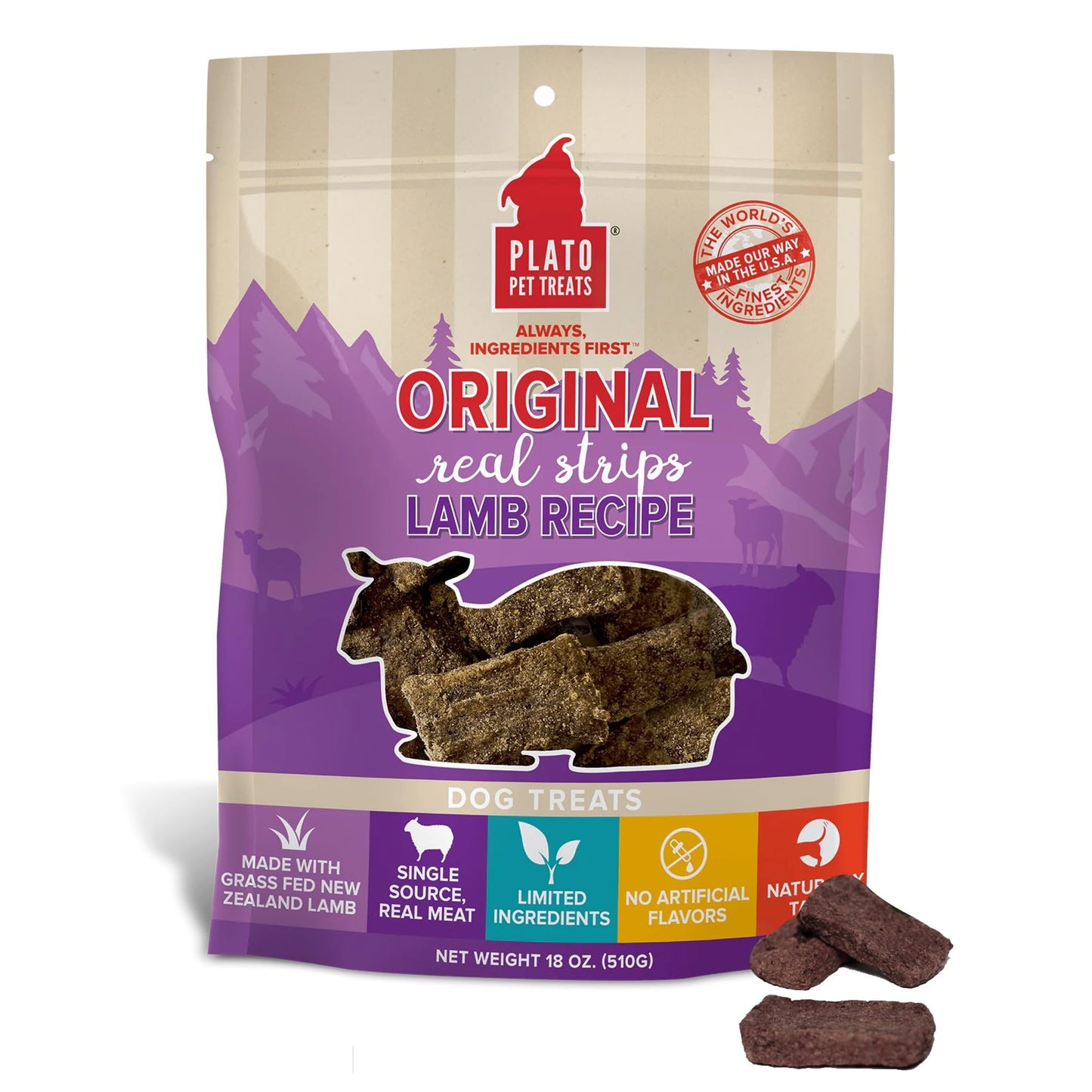 PLATO Pet Treats Real Strips - Air-Dried Meat Bars for Dogs - Delicious, Limited Ingredient Dog Treats - Grain Free - Original Real Strips Lamb 6oz