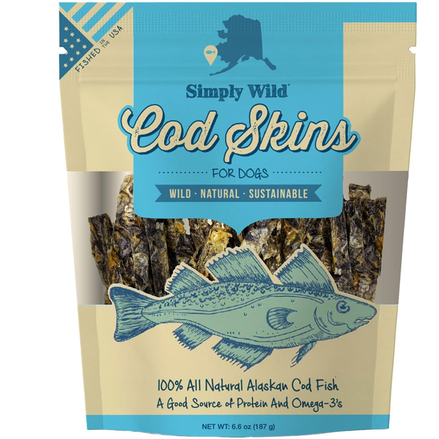 Simply Wild Cod Skins Alaskan Cod Fish Training Treats for Dogs-Dehydrated Fish, All Natural Human Grade Skins - Low Fat Treat Sustainably Sourced in USA (6.6 Oz)