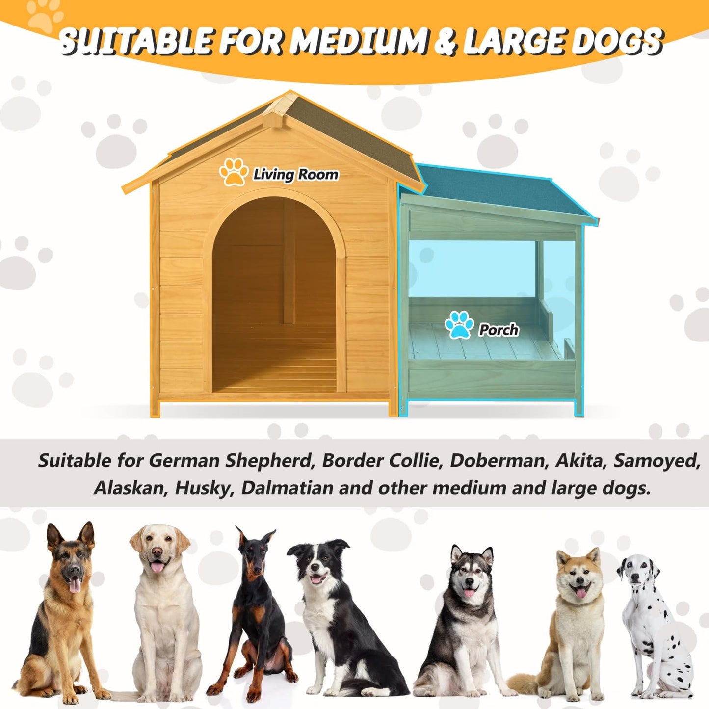 Merax 60.2" Wooden Dog House Outdoor, Extra Large Breed Outside Kennel with Weatherproof, Asphalt Roof, Elevated Floor, Fencing and Porch, for Medium & Large Dogs
