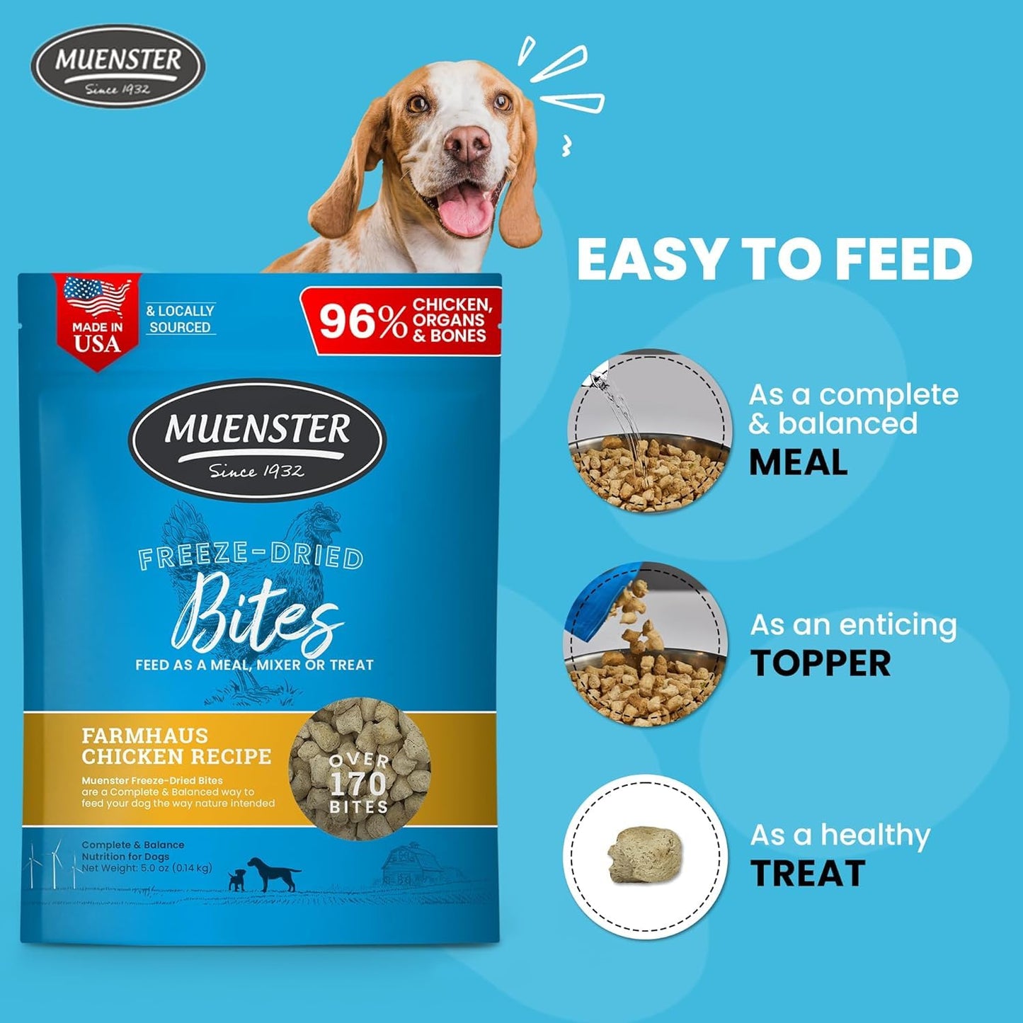 Muenster Freeze Dried Chicken Bites - Dog Food, Treat, Mixer or Topper (5oz) - Grain Free