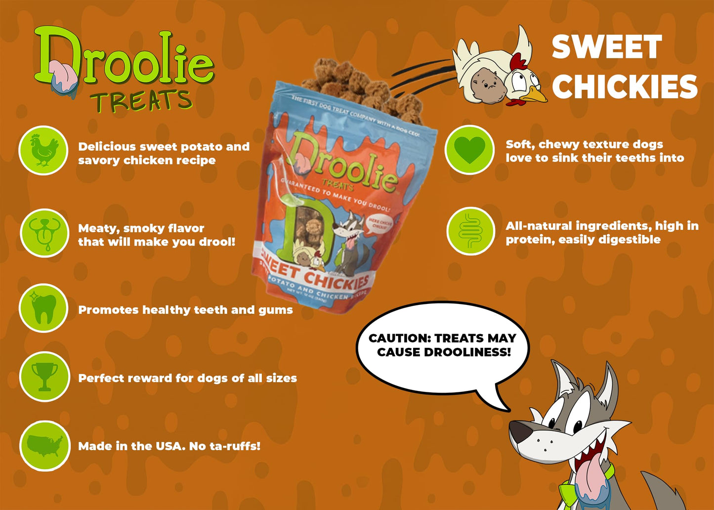 Droolie Treats Sweet Chickies Dog Treats, Sweet Potato and Chicken, Soft and Chewy, 12 oz