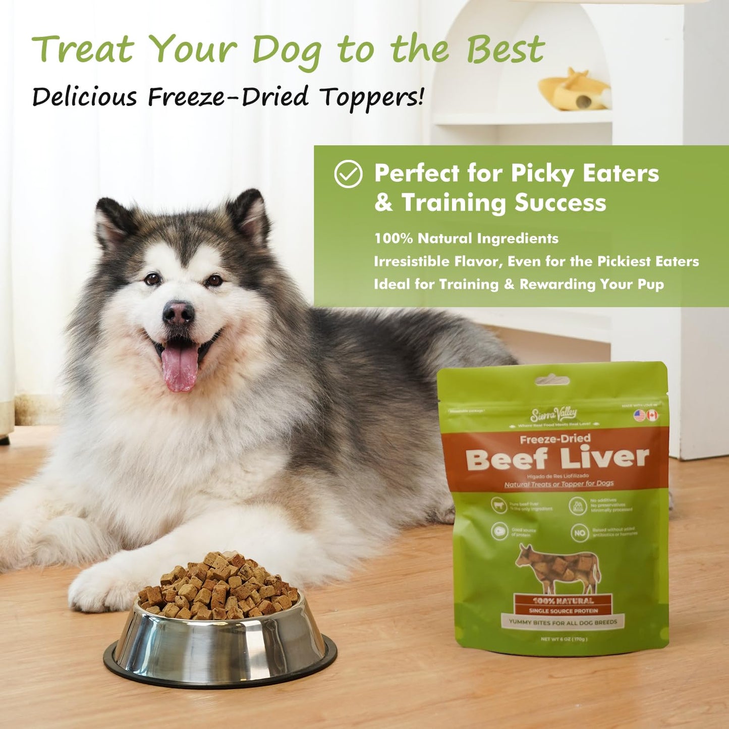 SIERRA VALLEY Freeze-Dried Beef Liver Dog Treats, High Iron Human-Grade Protein Bites, 2cm Chewy Cubes for Training Rewards, No Additives Grain-Free, Resealable Freshness Pouch 6oz