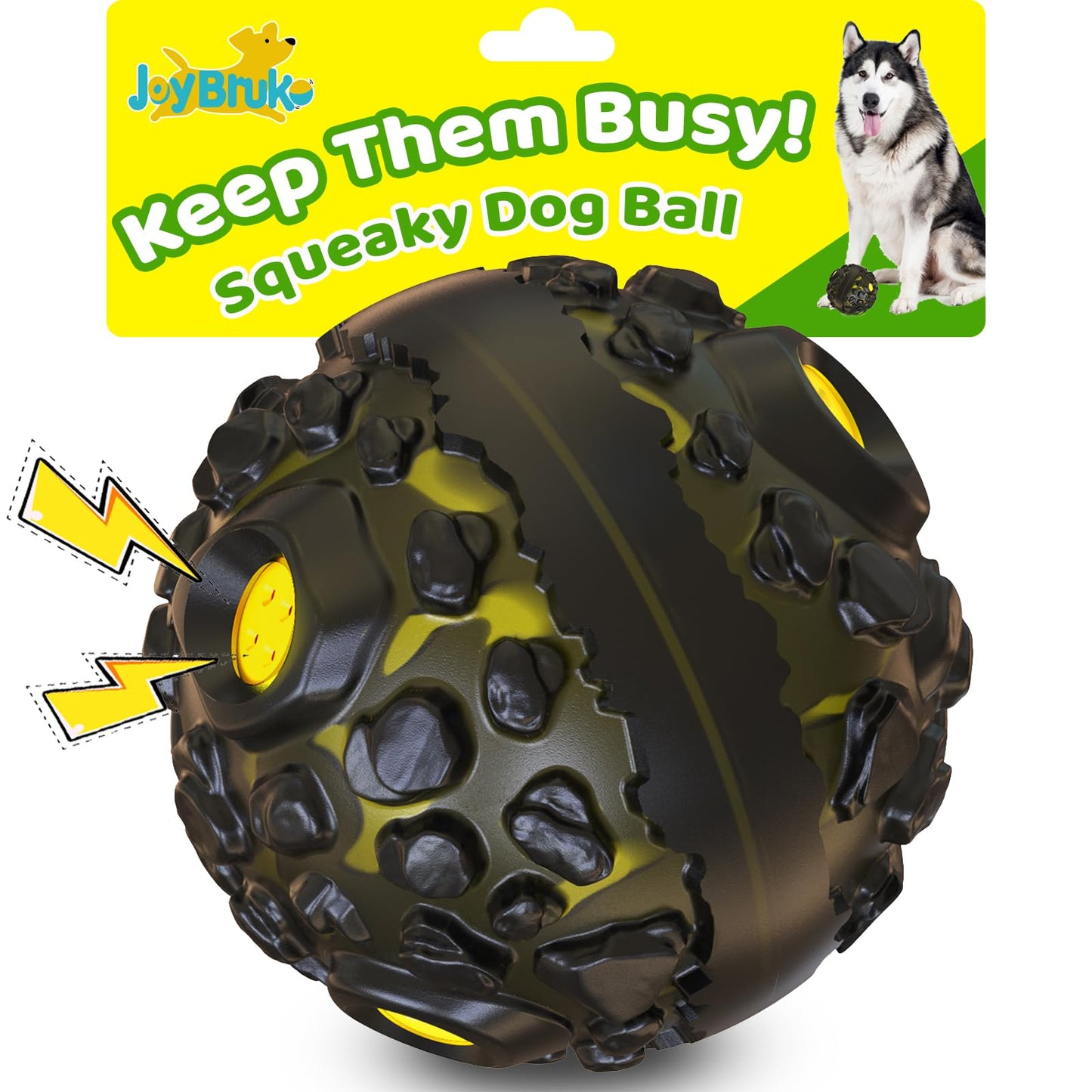 JoyBruko Dog Ball for Aggressive Chewers - Interactive Dog Toy Balls Fun Squeaky Sound to Keep Them Busy, Durable for Small Medium Large Breeds, Rubber Pet Chew Toys, As Seen on TV, Black & Yellow