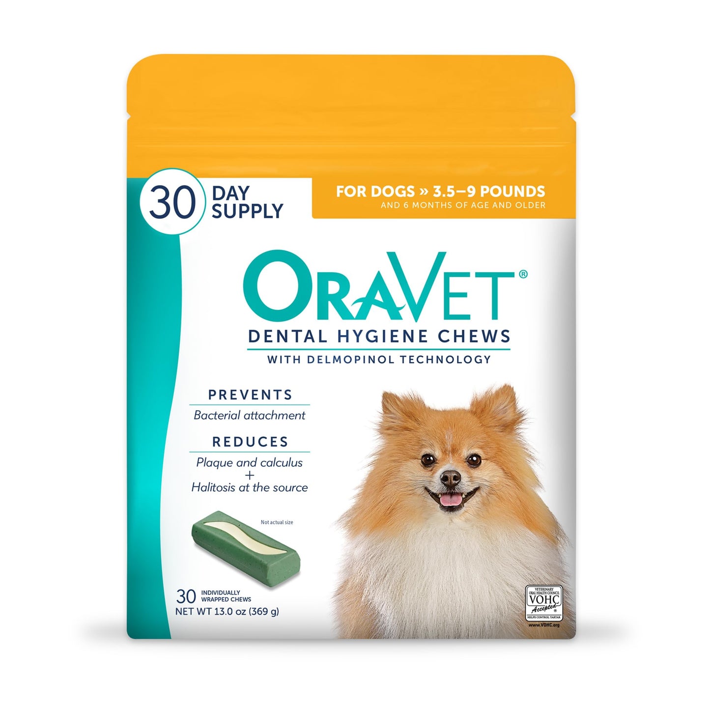 OraVet Dental Chews for Dogs, Oral Care and Hygiene Chews (Extra Small Dogs, 3.5-9 lbs.) Yellow Pouch, 30 Count