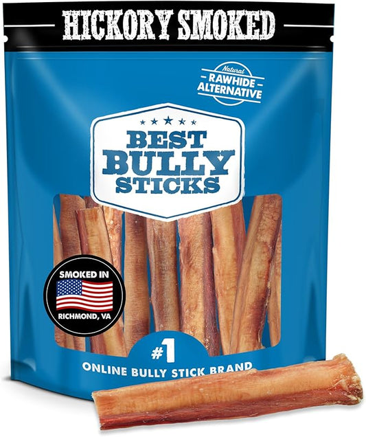 Best Bully Sticks Hickory Smoked Thick 6 Inch Bully Sticks - 10 Count (Pack of 1) - Natural, Grain and Odor-Free, Smoky Aroma, No Additives, Grass-Fed