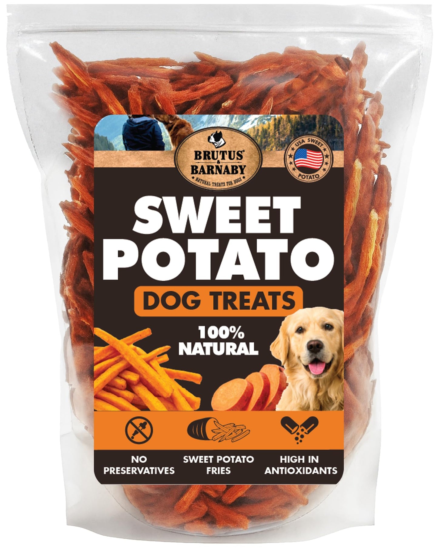 BRUTUS & BARNABY Sweet Potato Dog Treats- No Additive Dehydrated Sweet Potato Fries, Grain Free, Gluten Free and No Preservatives Added (14 oz)
