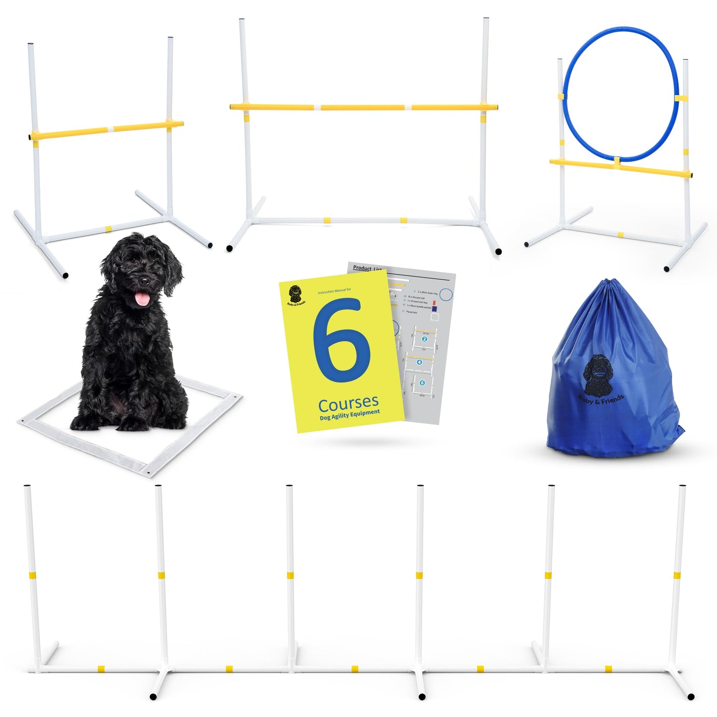 JMMPOO Dog Agility Training Equipment, 60-Piece Dog Obstacle Course Training Starter Kit Pet Outdoor Game with Tunnel, Agility Hurdle, Weave Poles, Jump Ring, Pause Box, Toy Balls and Storage Bag