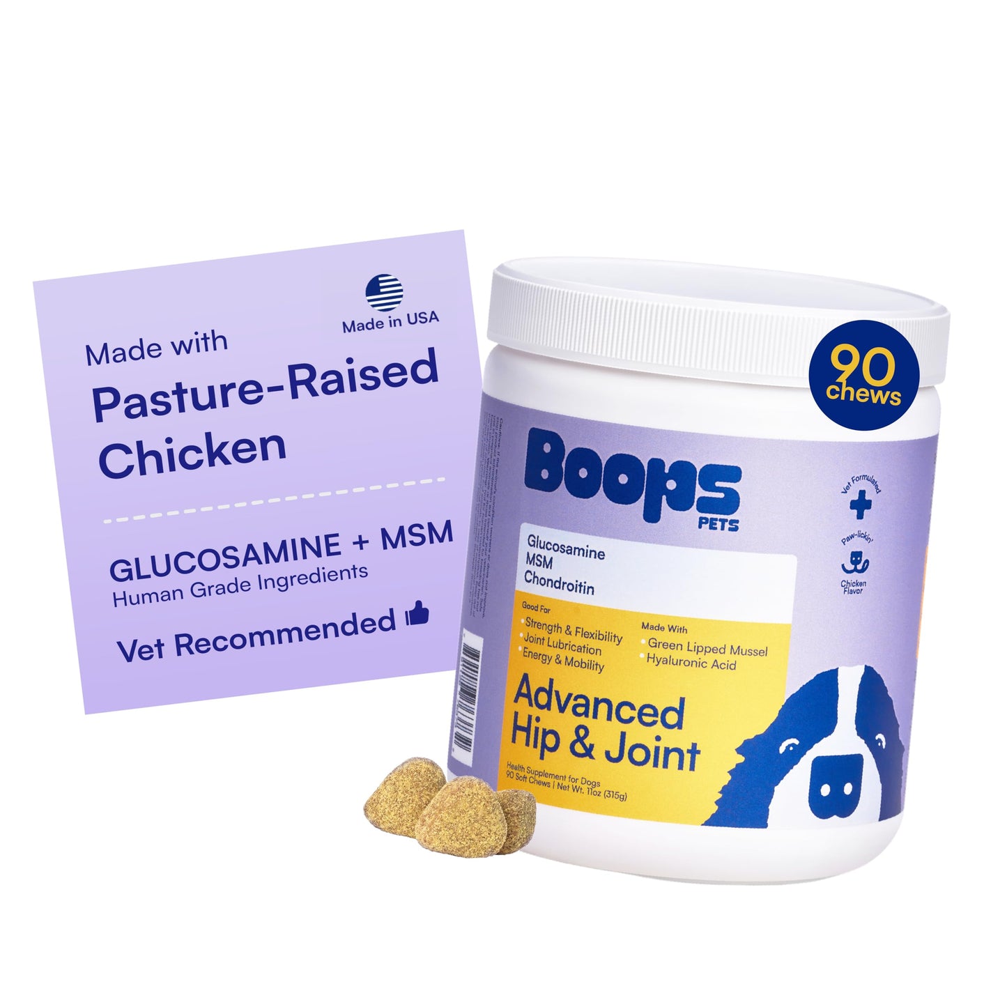 Advanced Hip & Joint Supplement for Dogs - 90 Soft Chews with Glucosamine, MSM, Chondroitin & Multivitamins - Helps Mobility, Flexibility & Arthritis Relief - Made with Pasture-Raised Chicken