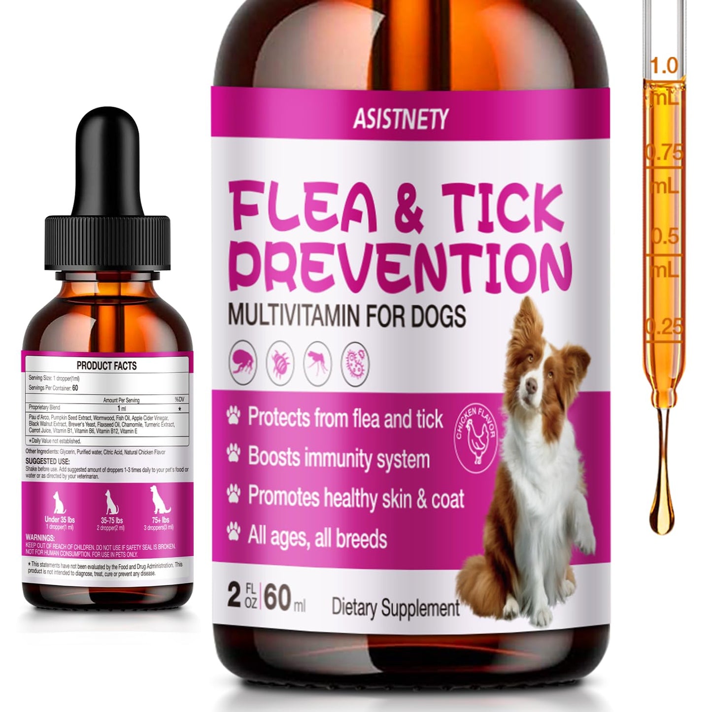 ASISTNETY Flea & Tick Support for Dogs, Natural Dog Flea Liquid Drops, Flea & Tick Supplement with Vitamins & Fish Oil for Dogs
