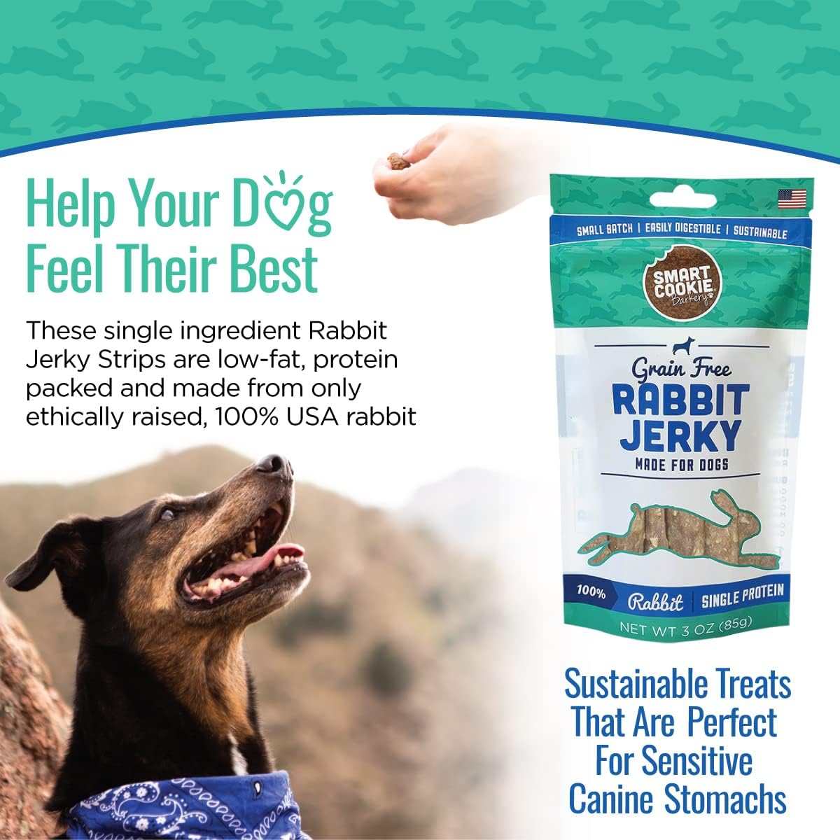 Smart Cookie Single Ingredient Rabbit Jerky Dog Treats - Training Treat Strips for Dogs and Puppies with Allergies, Sensitive Stomachs - Dehydrated, 100% Meat, Grain Free, Made in USA - 3oz, Pack of 1