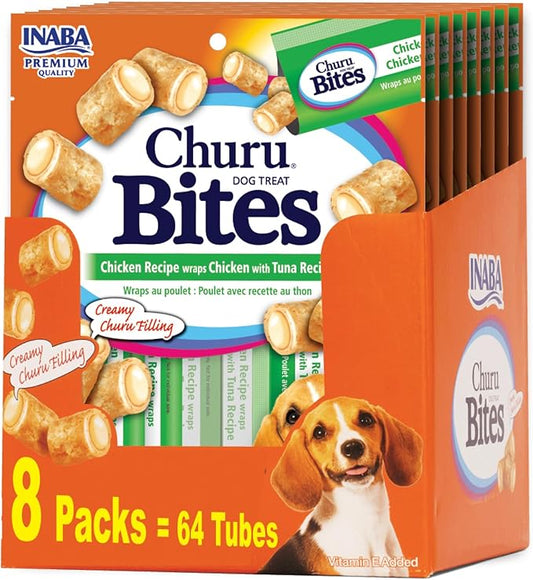 INABA Churu Bites for Dogs, Soft & Chewy Dog Treats, 0.42 Ounces Each Tube, 64 Tubes Total (8 Tubes per Pack), Chicken with Tuna Recipe
