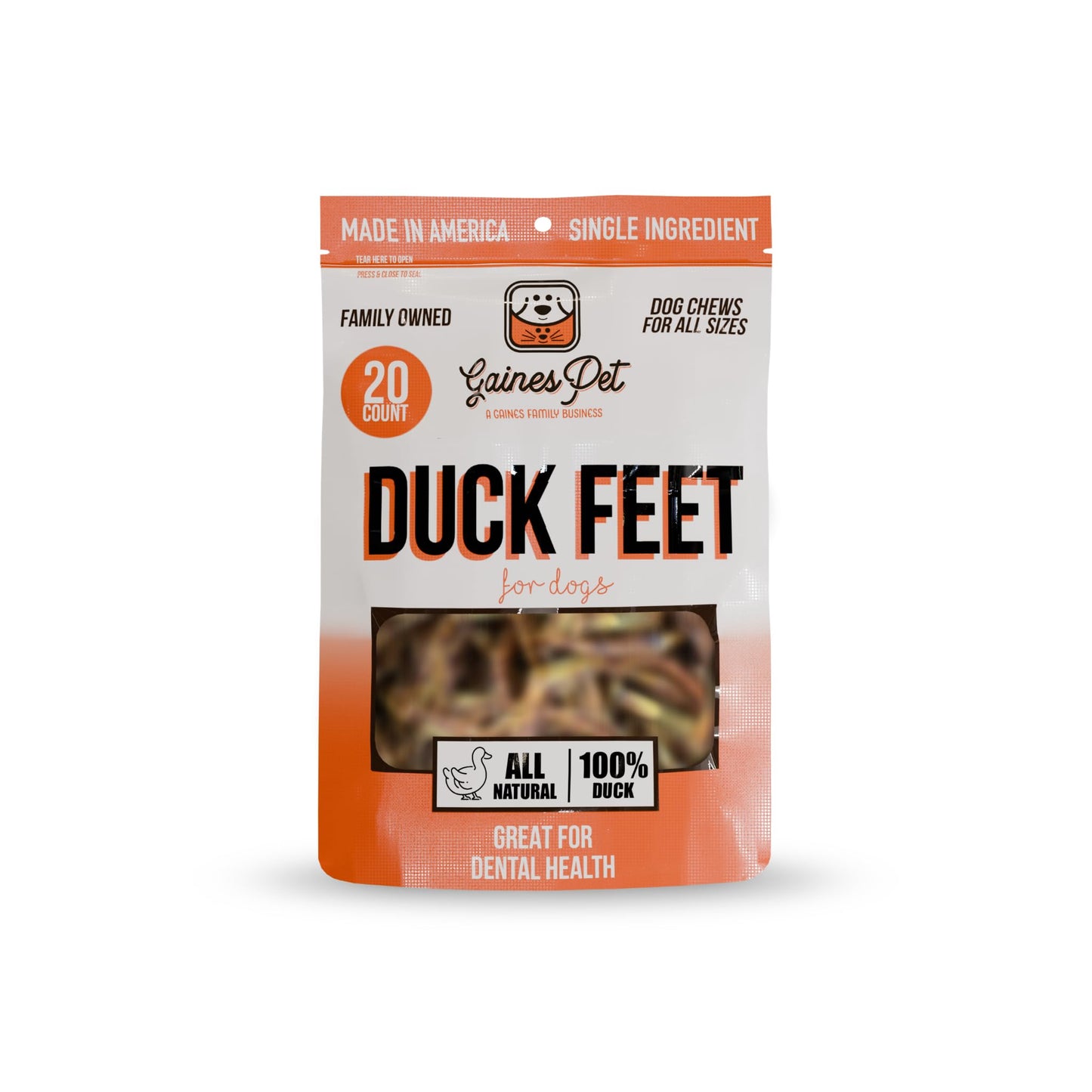 Gaines Pet Duck Feet for Dogs - 20 Count, Whole Dehydrated Duck Feet Dog Treats, USA Made, Natural Dental Chews with Collagen, Glucosamine & Chondroitin for Hip & Joint Health