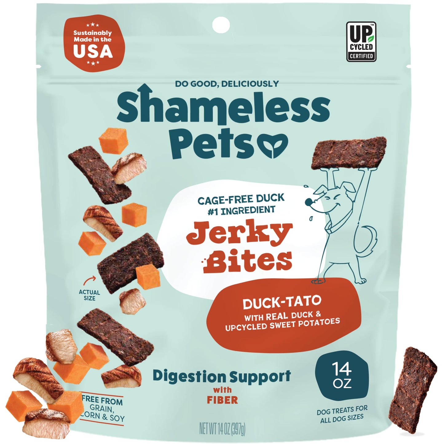 Shameless Pets Jerky Bites Treats, Duck-Tato - Healthy Dog Chews for Digestion Support with Fiber - Dog Treats with Real Cage-Free Duck - Free from Grain, Corn & Soy - 14 oz