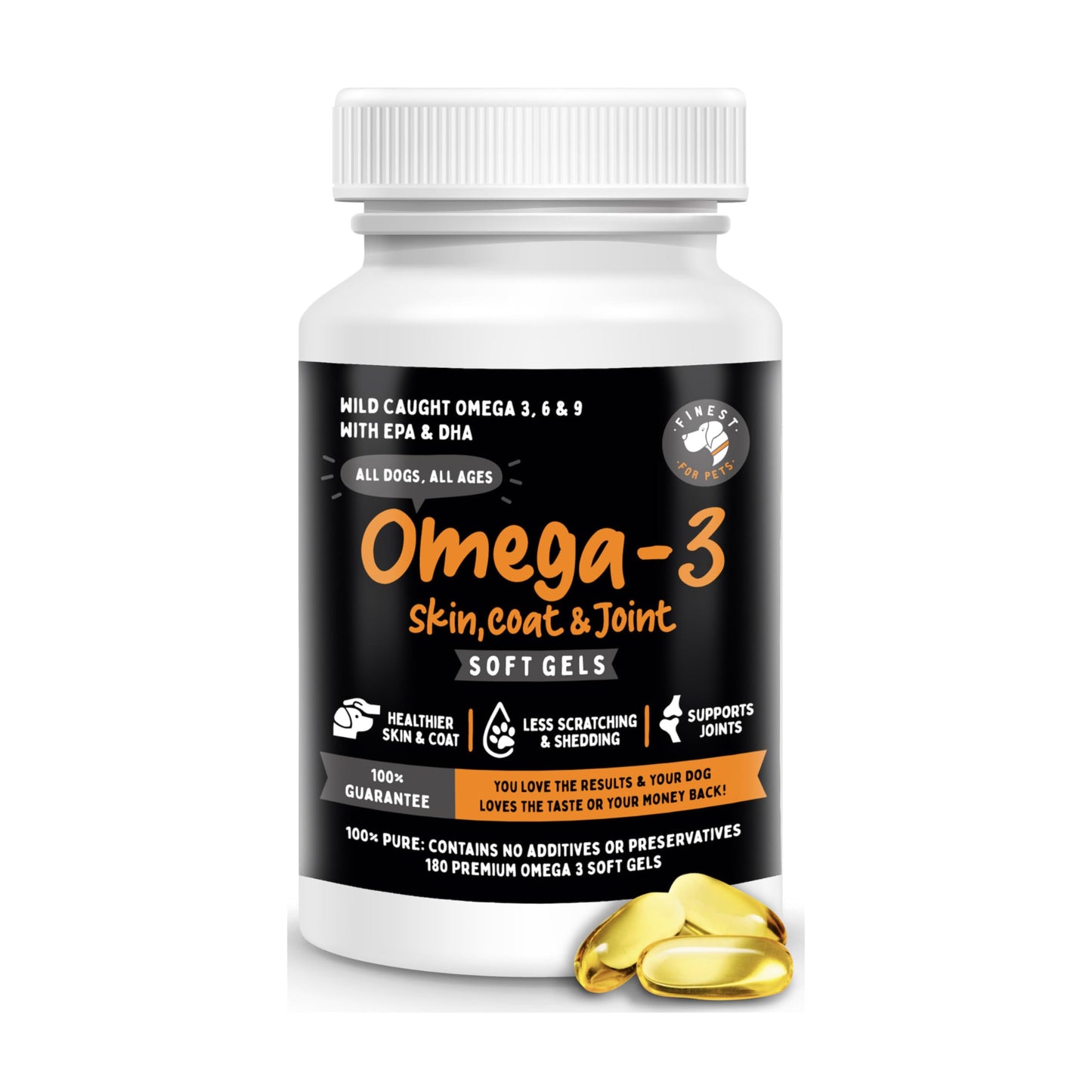 Omega 3 Fish Oil for Dogs - Finest For Pets Soft Gels for Skin & Coat, Itching, Shedding, Joints & Immune Health - 100% Pure Omega Fish Oil with EPA & DHA. Ideal for Medium to Large Dogs (180 ct)