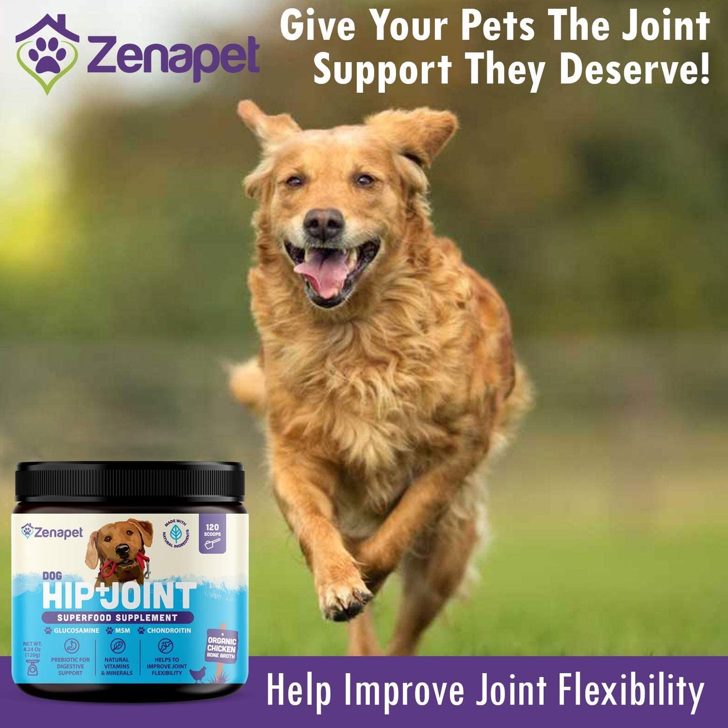 Zenapet Superfood Dog Hip & Joint Supplement for Arthritis Pain Relief, Maximum Strength with Glucosamine & Chondroitin Plus MSM for Pet Mobility Support, Pure Potent & Human Grade