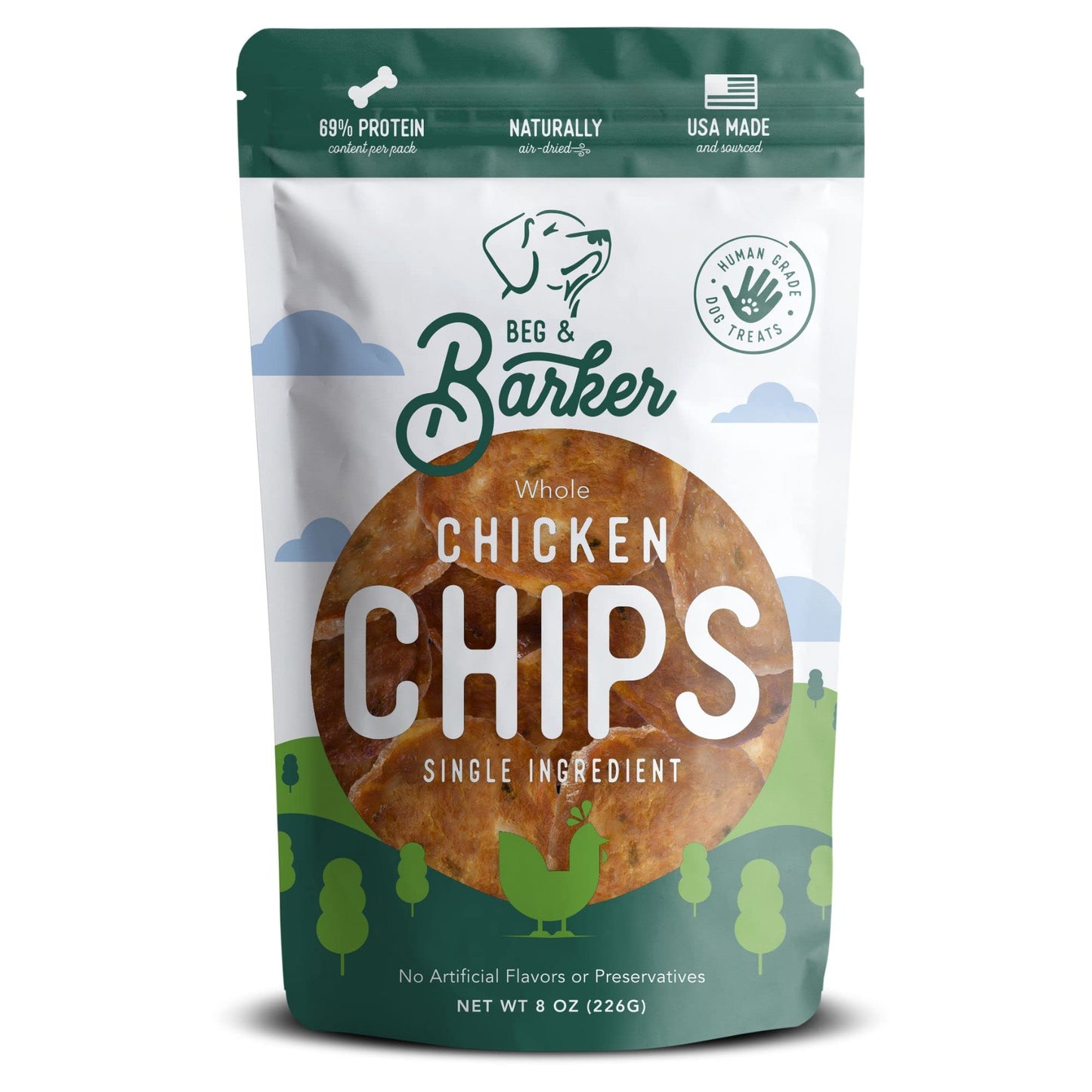Beg & Barker Chicken Chips for Dogs (8oz, Pack of 1) - Single Ingredient Dog Treats Made for Small and Large Dogs Protein Human Grade Dog Treats Made from Real Meat Chicken, Made in USA