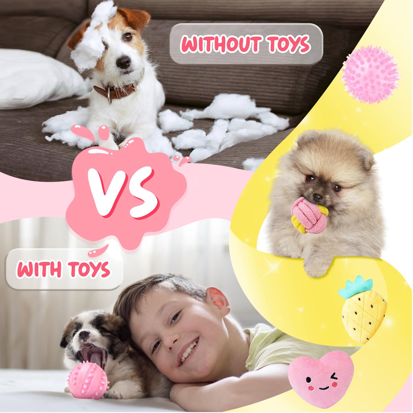 XIUGOAL Pink Puppy Toys for Teething - 23 Pack Puppy Chew Toys for Boredom, Interactive Dog Toys for Puppies, Cute Small Dog Toys with Treat Ball, Squeaky Dog Chew Toys and Ropes