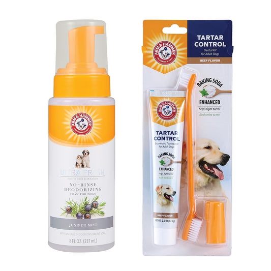 Arm & Hammer Tartar Control Dental Kit & Ultra Fresh Waterless Dog Shampoo Foam Bundle | 3-Piece Beef Flavor Oral Care Set + No-Rinse Juniper Mist Deodorizing Foam, 8 oz