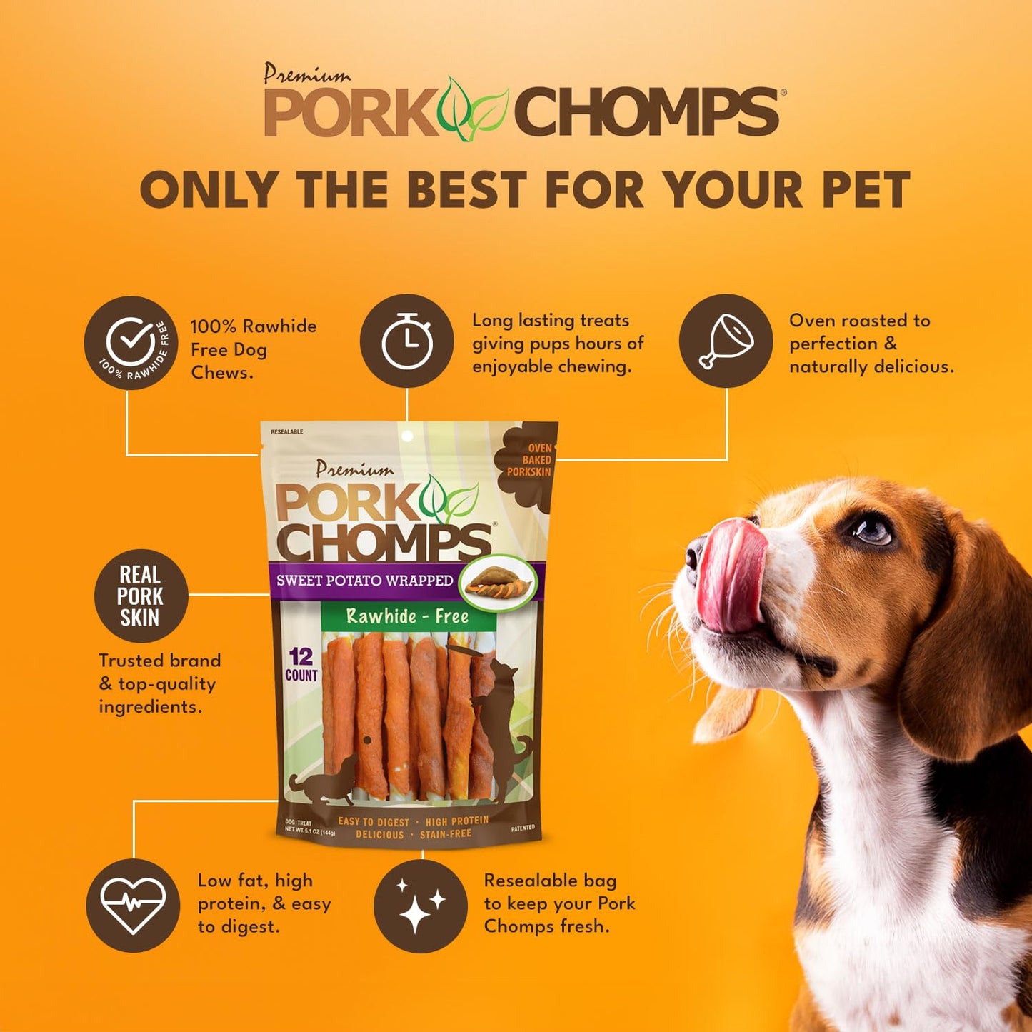 Pork Chomps Baked Pork Skin Dog Chews, 5-inch Mini Twists, Real Sweet Potato Wrap, 12 Count