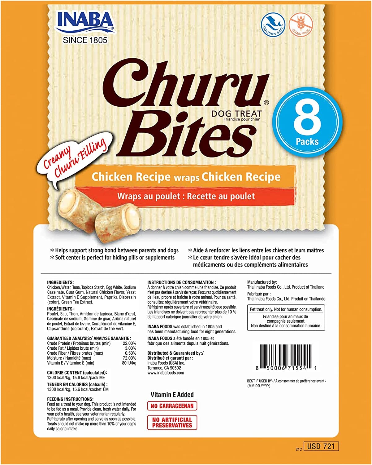INABA Churu Bites for Dogs, Grain-Free, Soft/Chewy Baked Chicken Wrapped Churu Filled Dog Treats, 0.42 Ounces Each Tube | 24 Tubes Total (8 Tubes per Pack), Chicken Recipe