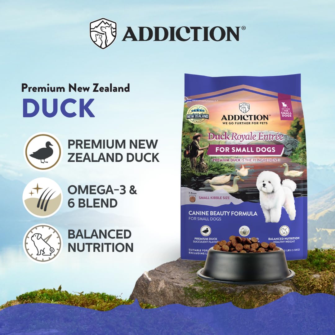 Addiction Duck Royale Entrée Premium Small Breed Dry Dog Food – Skin & Coat Care – Ideal for Puppies, Adults & Seniors – Grain-Free/Gluten-Free Kibbles for Small Dogs – 3 lb Bag Crafted in New Zealand