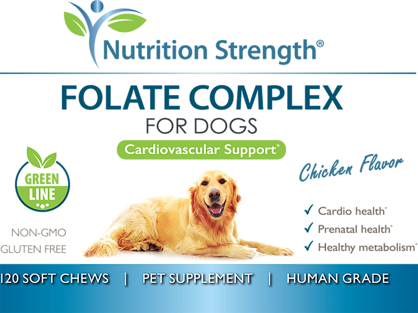 Nutrition Strength Folate for Dogs to Promote Cardiovascular & Prenatal Health, Support DNA Synthesis & Cell Maintenance, Folic Acid for Dogs with Zinc, Biotin, Iron & Vitamin B12, 120 Soft Chews
