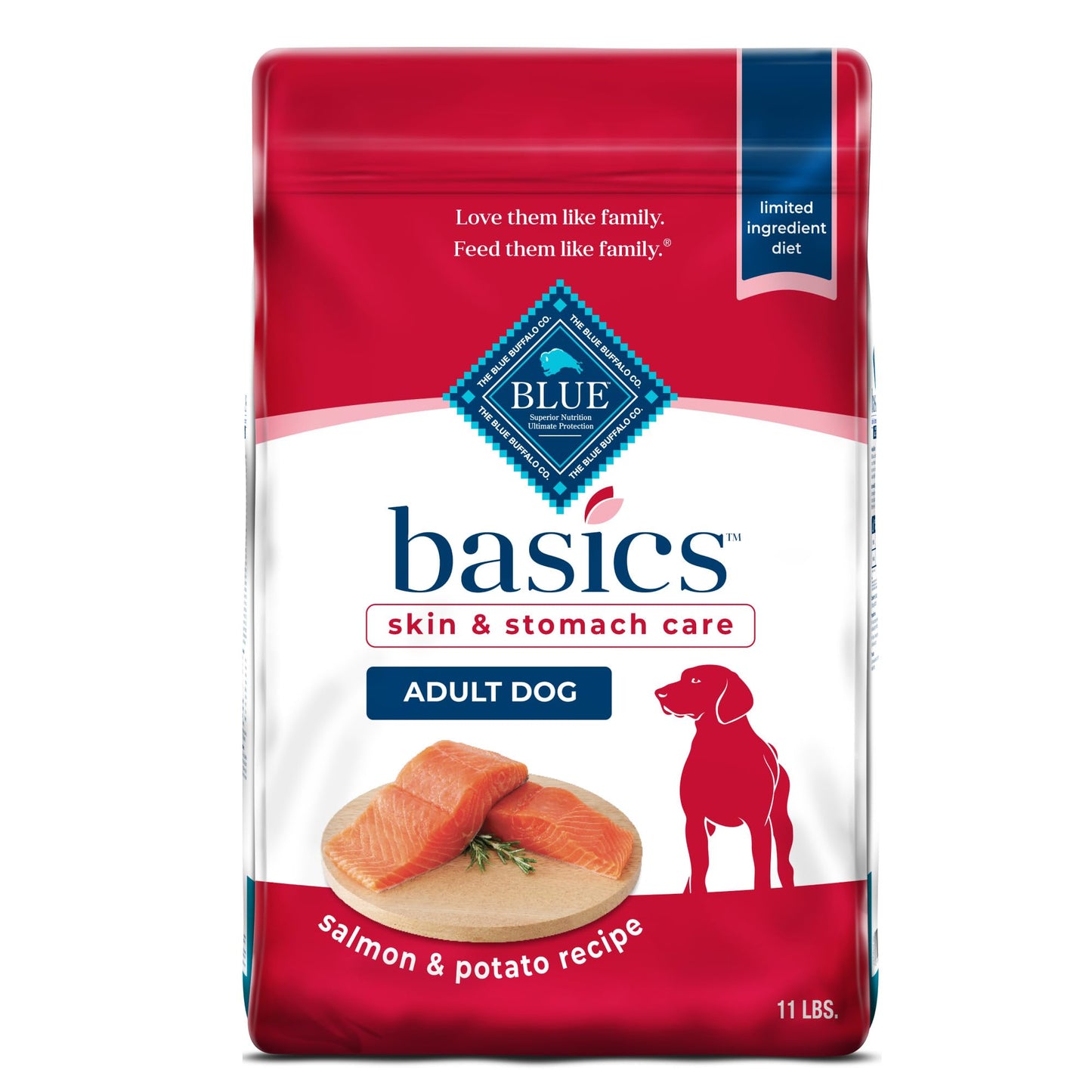 Blue Buffalo Basics Adult Dry Dog Food for Skin & Stomach Care, Limited Ingredient Diet, Made in the USA with Natural Ingredients, Salmon & Potato Recipe, 11-lb. Bag